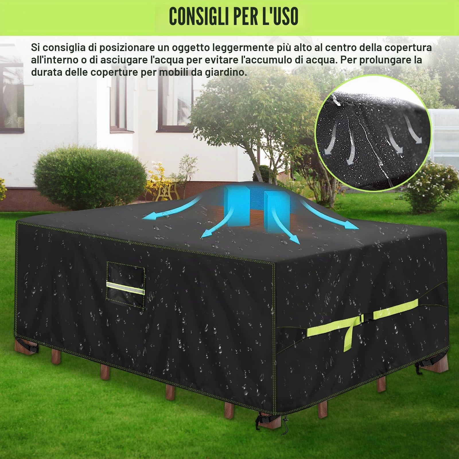VDISRR Copertura Tavolo Esterno Impermeabile 220x110x70cm, 420D Resistente Tessuto Oxford Copertura Per Mobili da Giardino con Sfiato d'Aria Telo Esterno Antivento, Anti-UV, Antipolvere
