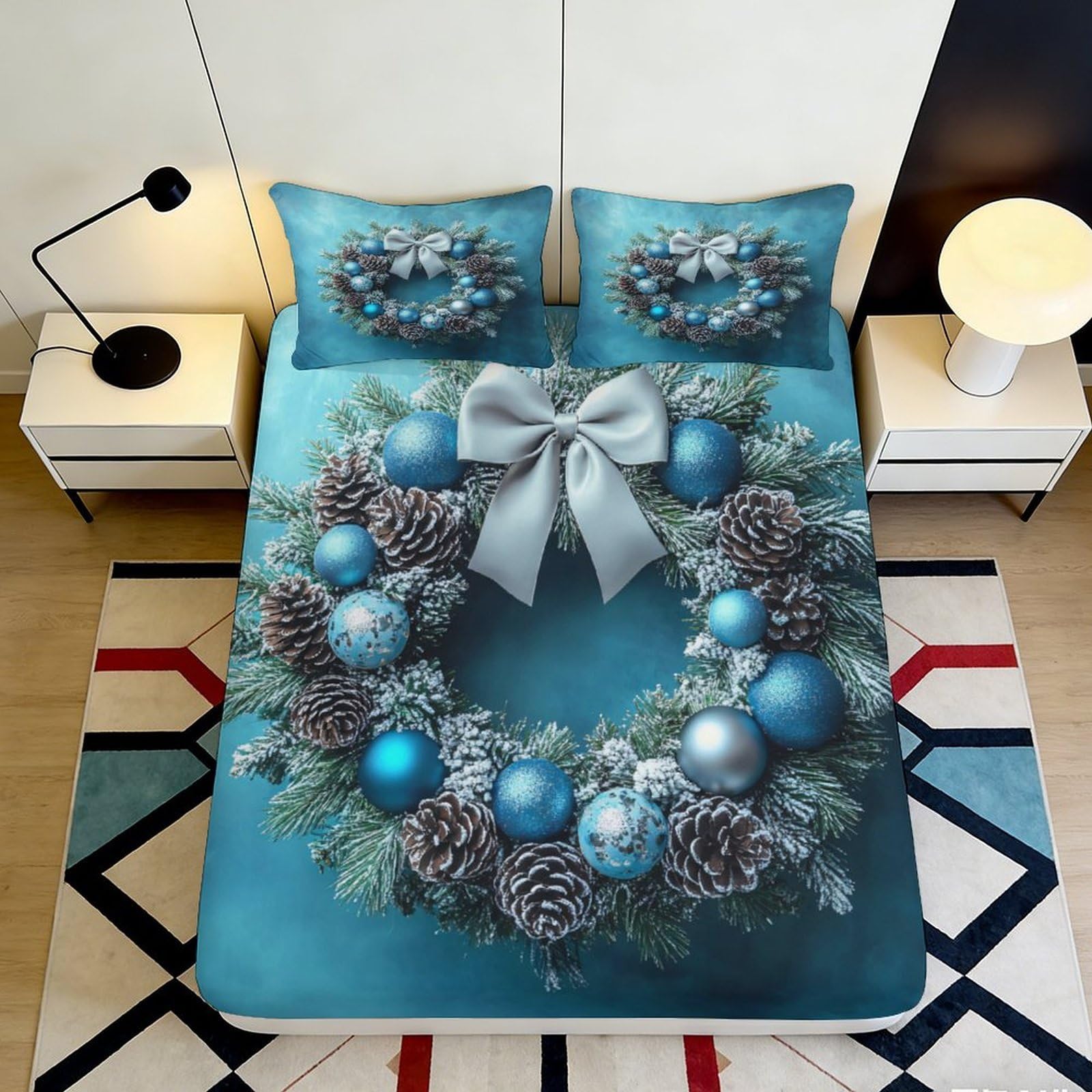 3D Printed Christmas Wreath Fitted Sheet Microfiber Soft Breathable Winter Pinecone Bed Cover for Bedroom Dormitory Guest Room Mattress Protection Decor 200x200x25cm