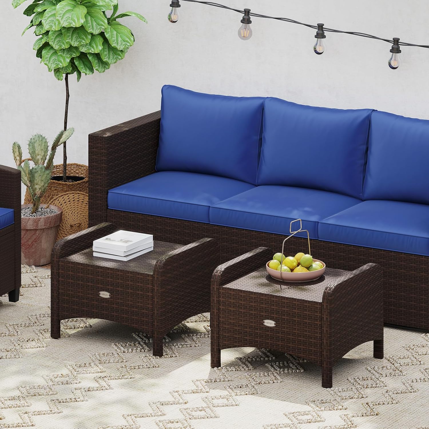 HAPPYGRILL 2 Pieces Patio Wicker Ottomans Set with Removable Cushions, Multifunctional Outdoor Rattan Footstools Footrest Side Table for Porch, Garden and Backyard (Navy)