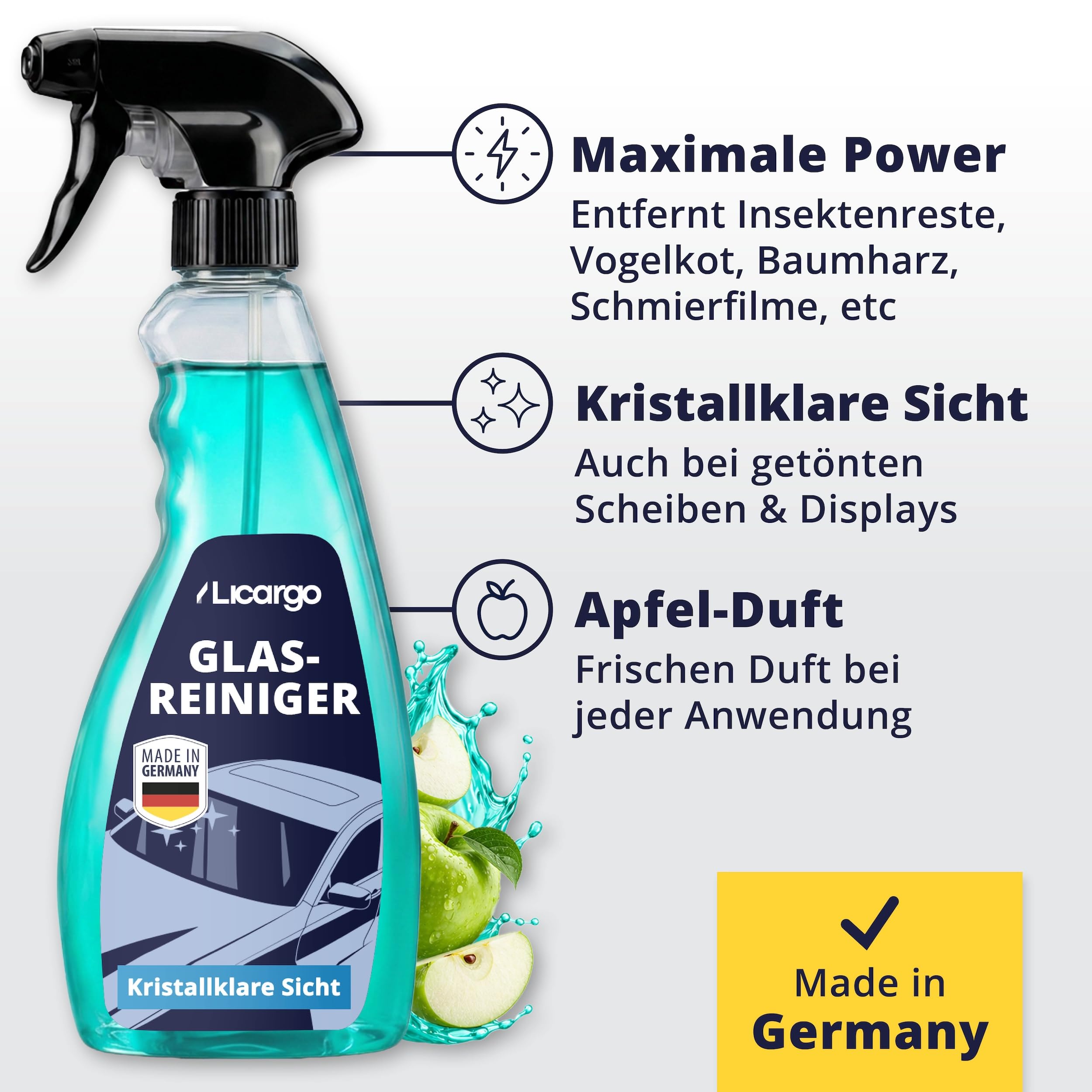 LICARGO Scheiben Set Pro Pads - 2x Glasreiniger Auto (750ml) - 1x Scheibenversiegelung Auto (250ml) - Scheibenreiniger Konzentrat 1:100 (250 ml) - 2x Glas & Scheiben Pads & Carbontücher