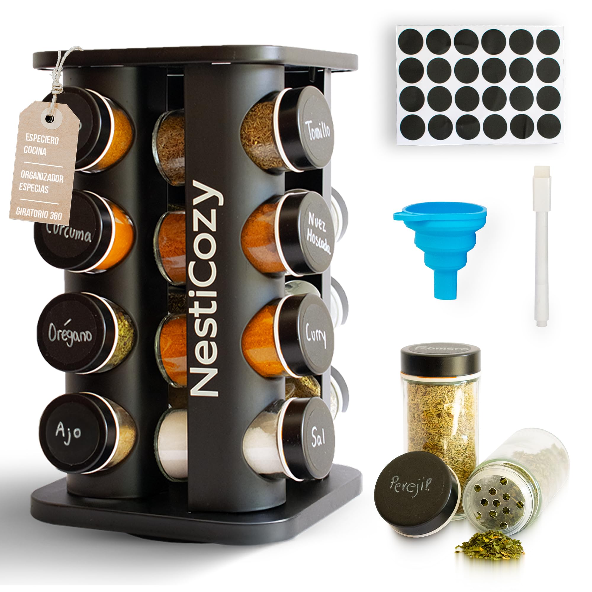 Présentoir à épices rotatif à 360 °, organiseur de cuisine noir compact avec 16 bocaux en verre hermétiques, étiquettes réutilisables, économie d'espace comptoir élégant moderne, rotation