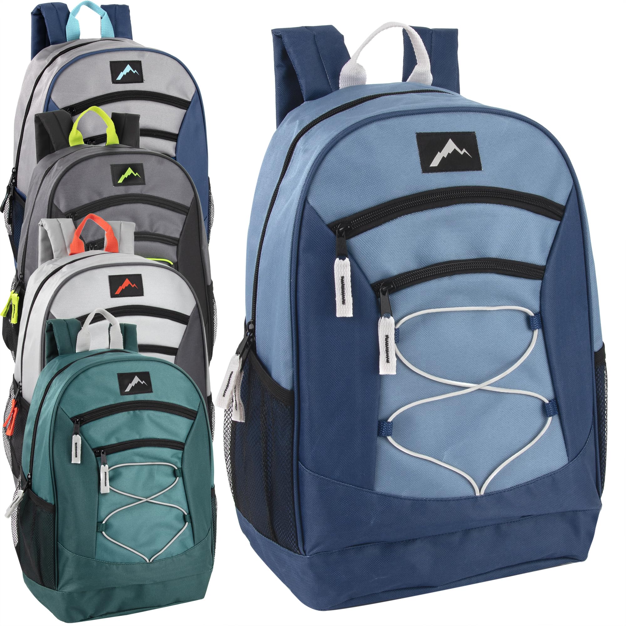 Trail maker 18 Inch Bulk Backpacks with Bungee Cord, Padded Adjustable Straps 24 Pack of Wholesale Backpacks in Bulk for Kids, Adults (Boys Color