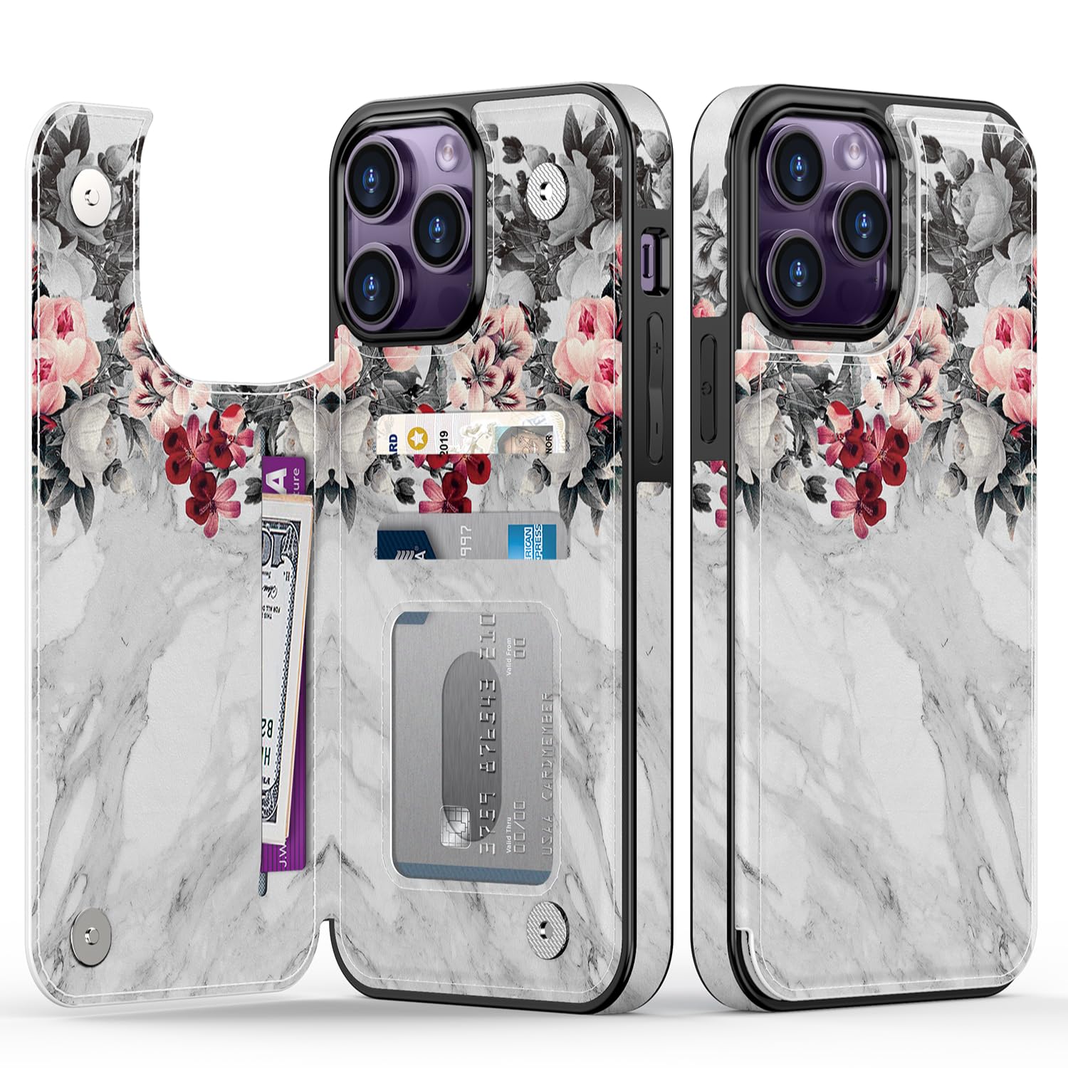 Goodon for iPhone 15 Pro Case Wallet - Flip Folio Leather Cover with Trendy Floral Design, 3 Card Slots & Kickstand Functi...
