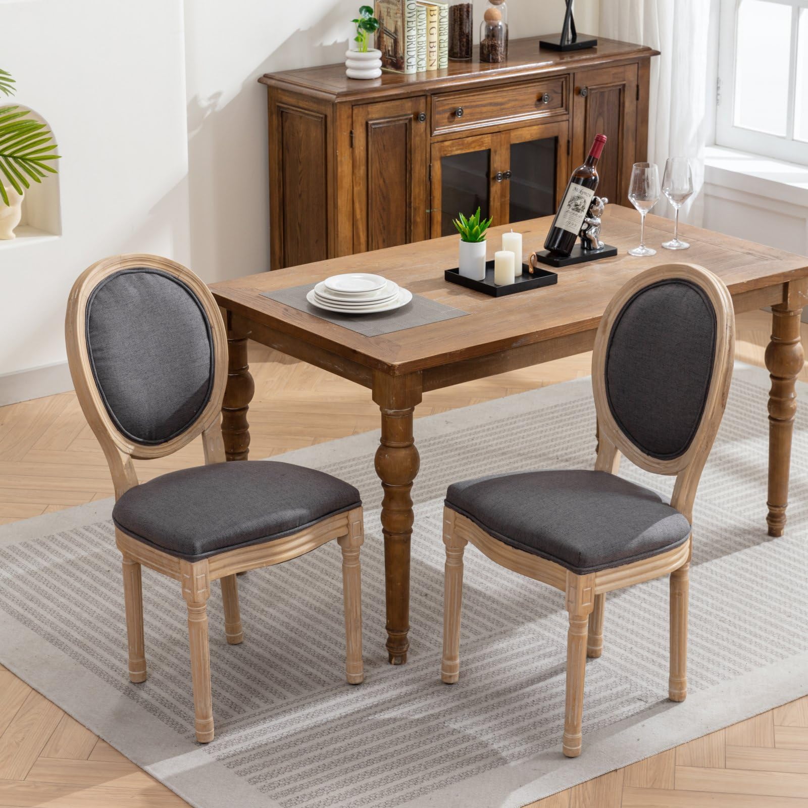 Chaise de Salle à Manger, Lot de 2, Style Campagne Française, Bois Massif de Qualité Supérieure, Assise et Dossier Ovale Entièrement Capitonnés à la Main, Simili Cuir