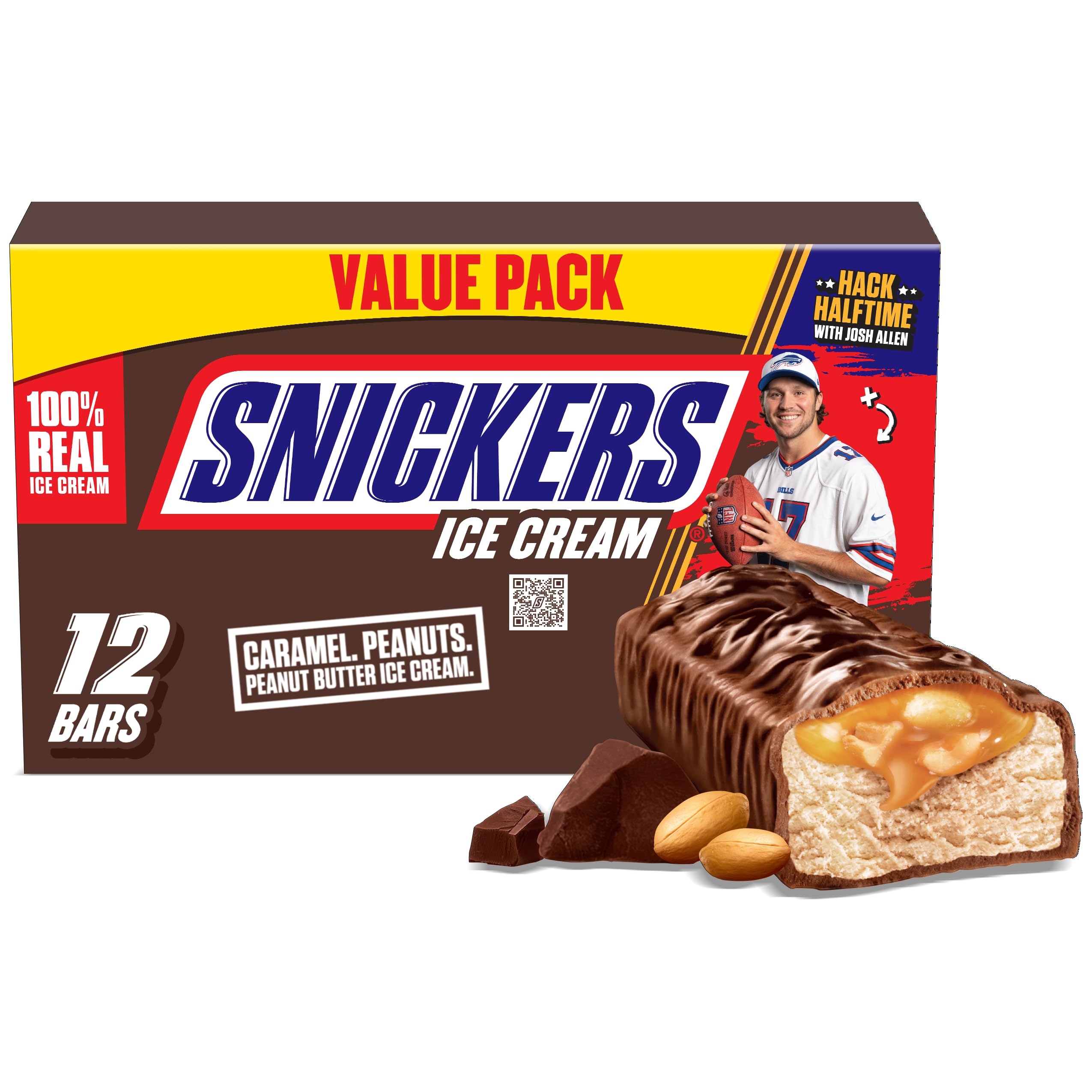 SNICKERS Ice Cream, Chocolate Caramel Peanut Butter Ice Cream Bars Individually Wrapped Dessert, 12 Pack, 2 Oz Bars