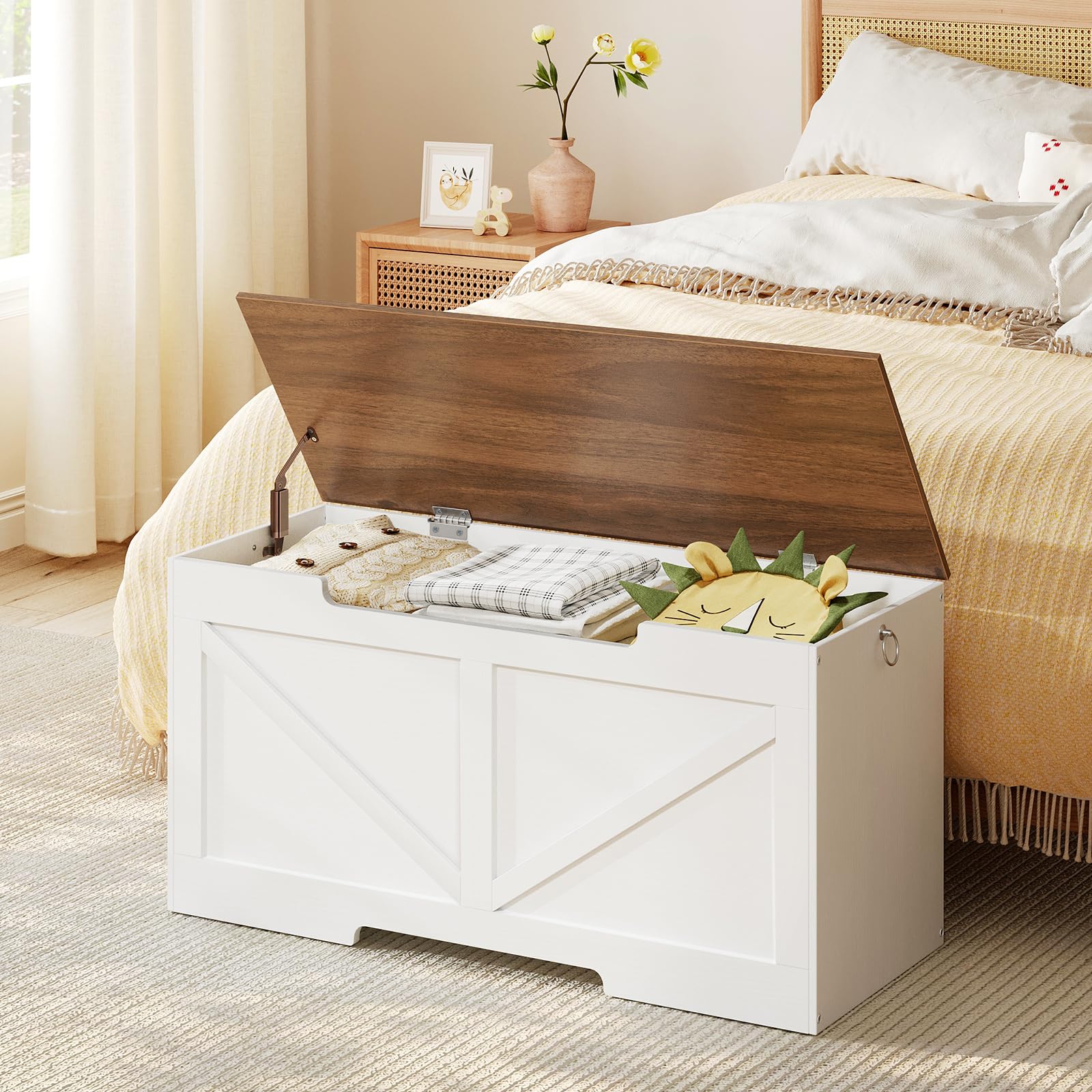 HOOBRO Baúles con Espacio de Almacenamiento, Caja de Juguetes con Tapa, Banco de baúl, Caja de Almacenamiento, 2 Anillas, 100 cm, Resistente, Estable, para niños, Pasillo, Blanco y Nogal EWH771CW01G1