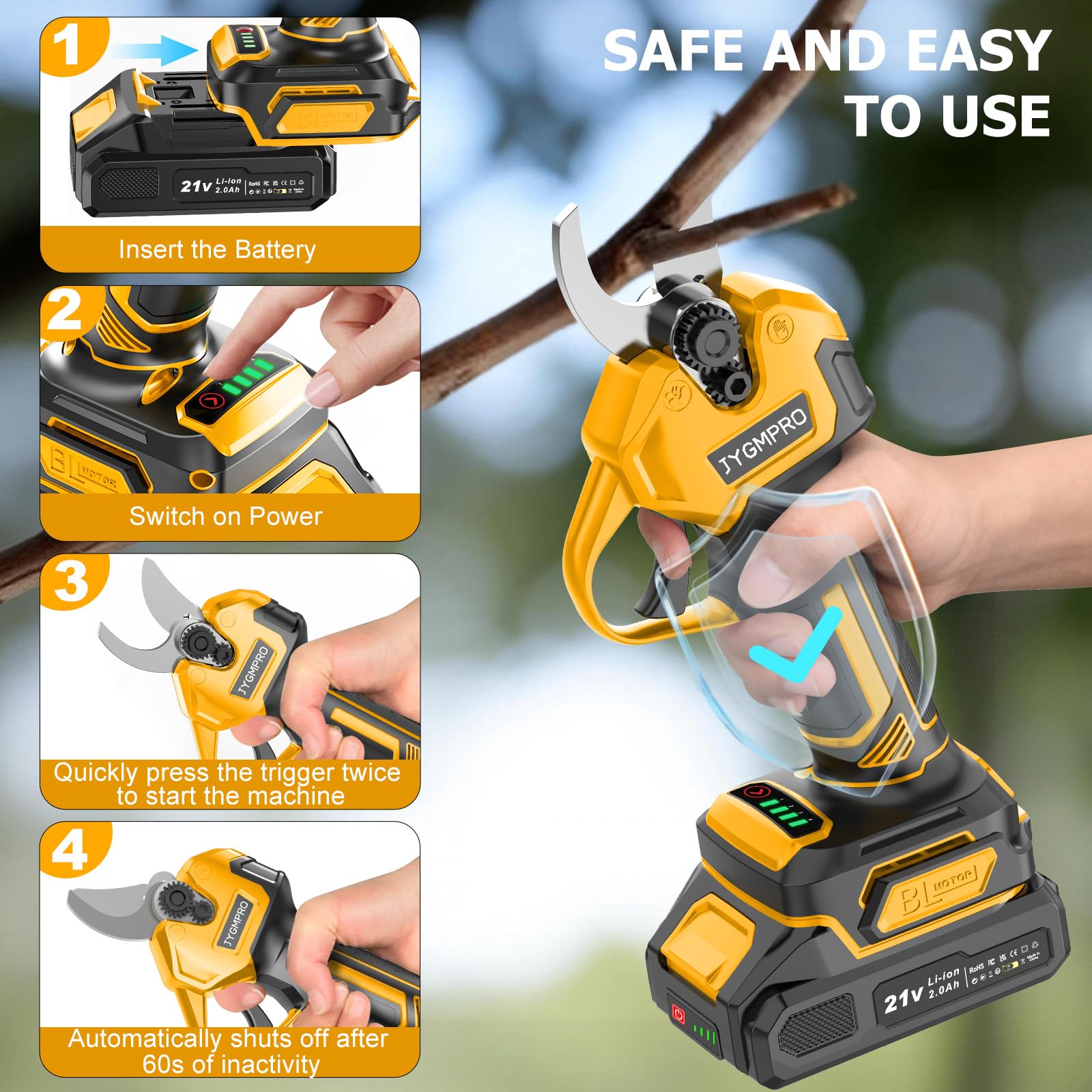 Tijeras de Podar Electricas - 21V Podadoras Profesionales con 2x 2000mAh Baterías, Motor Sin Escobillas de 600W, 30mm, Con Pantalla Lcd, Adecuado Para Huertos, Jardines y Granjas