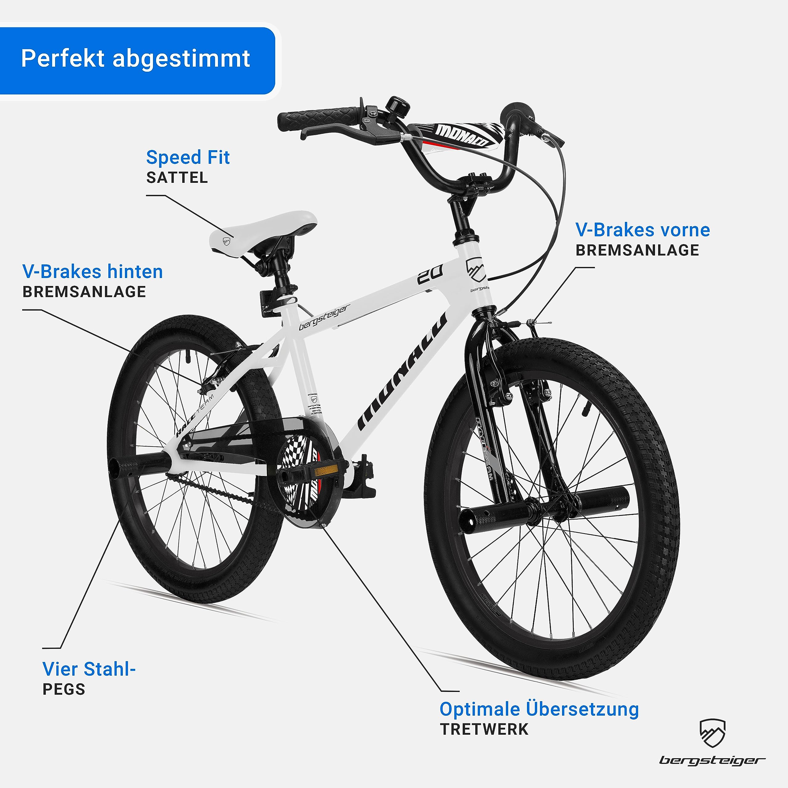 Bergsteiger Monaco 20 Zoll Kinderfahrrad BMX mit Hardtail Dirtrahmen | Cooles Freestyle Bike ab 120 cm Groesse mit 4 Stahl Pegs, breiten Reifen, V-Brakes und zu 90 Prozent fertiger Montage.