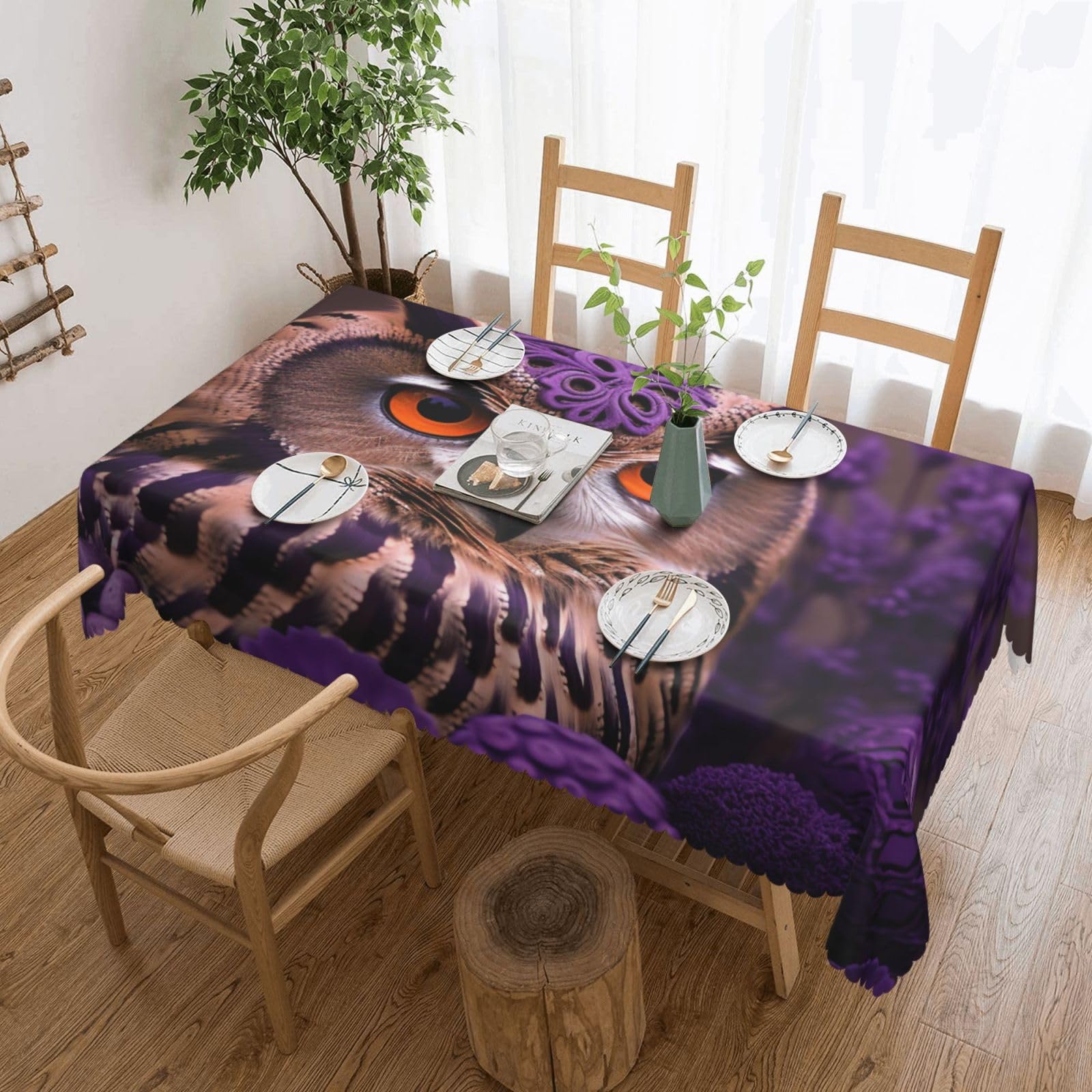 WPKJU Owl in The Flowers Printed Rectangle Tablecloth 72x54 Inch with Lace Trim, Water-Resistant Washable Table Cover for Farmhouse Weddings, Outdoor Picnics & Holiday Dining
