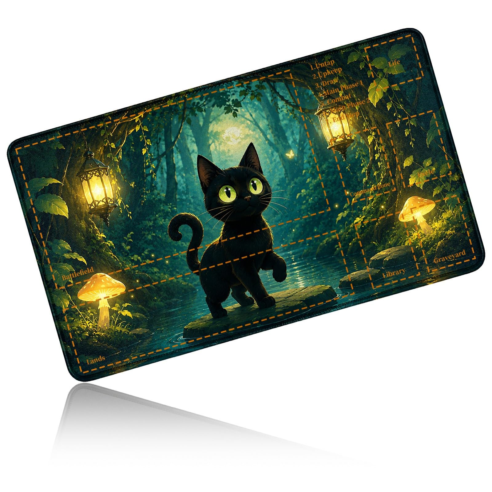 Dikoer for MTG/TCG Playmat w/Zones Commander Deck Mat, Lantern Black Cat
