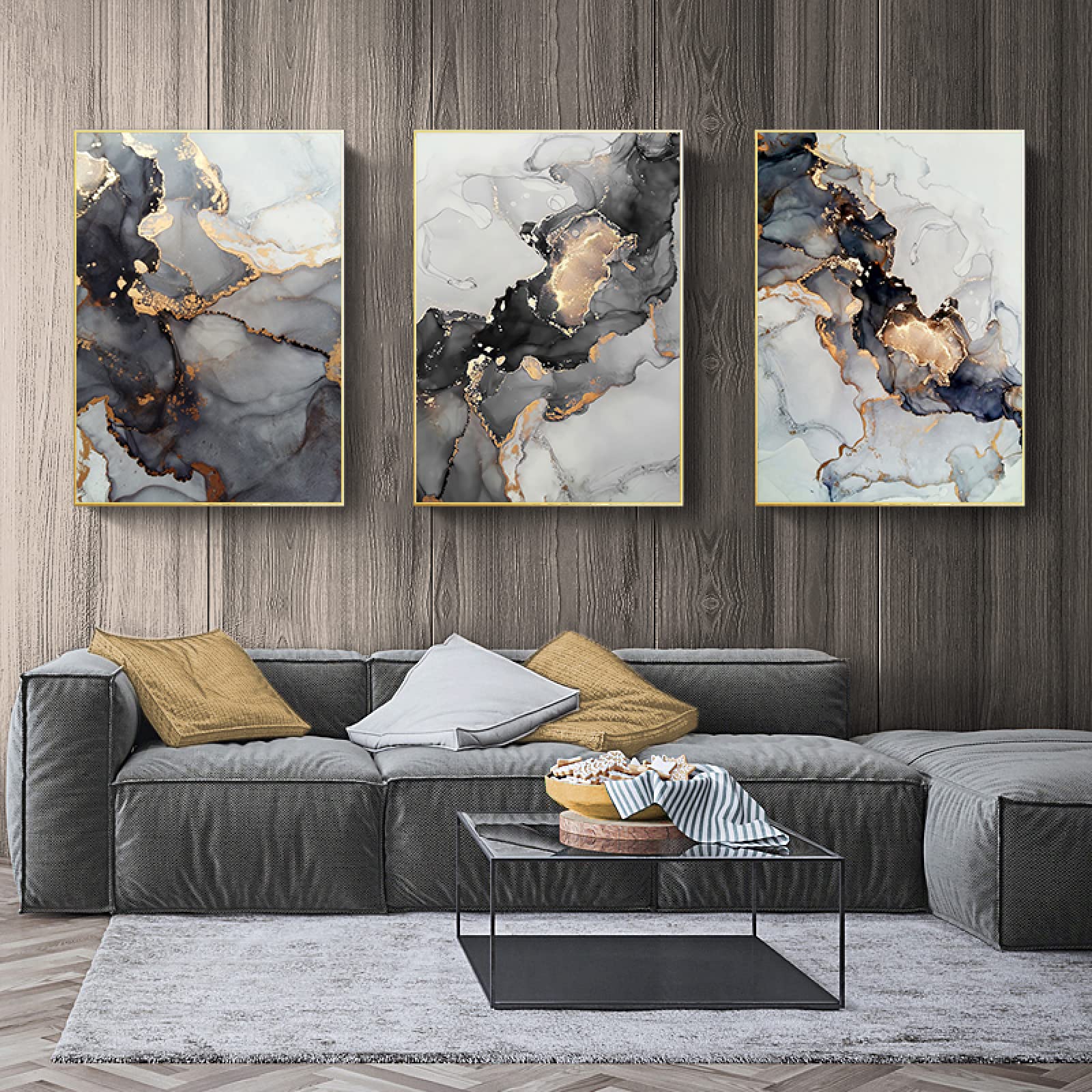 Quadri Moderni Set Da 3 Tele | Stampe Astratte Geometriche Nero E Oro | Decorazione Parete Soggiorno | 50x70 Cm Senza Cornice