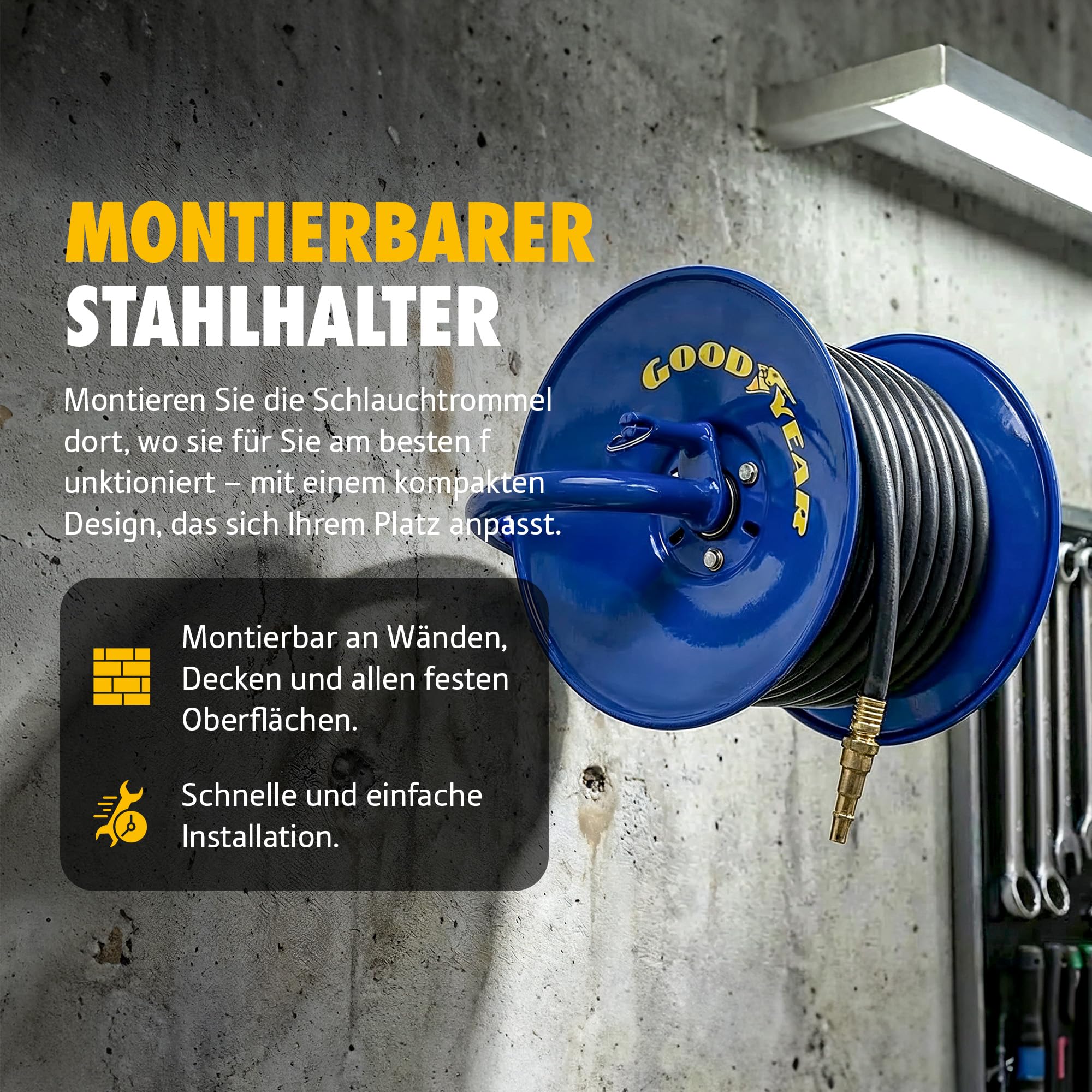Goodyear Druckluft-Schlauchaufroller mit Handkurbel 30 m x 9,5 mm – Manuelle Schlauchtrommel aus Stahl, max. 20 Bar, Heavy Duty (Schlauch nicht enthalten)