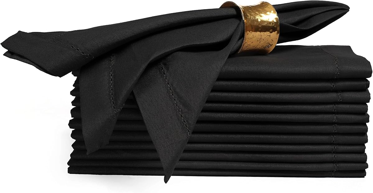 Ramanta Home Set of 12 Cloth Napkins 20x20 Inches, Black | Polyester Napkins with Hemmed Edges, Washable Reusable Dinner Napkins Ideal for Parties, Weddings, Hotels and Banquets