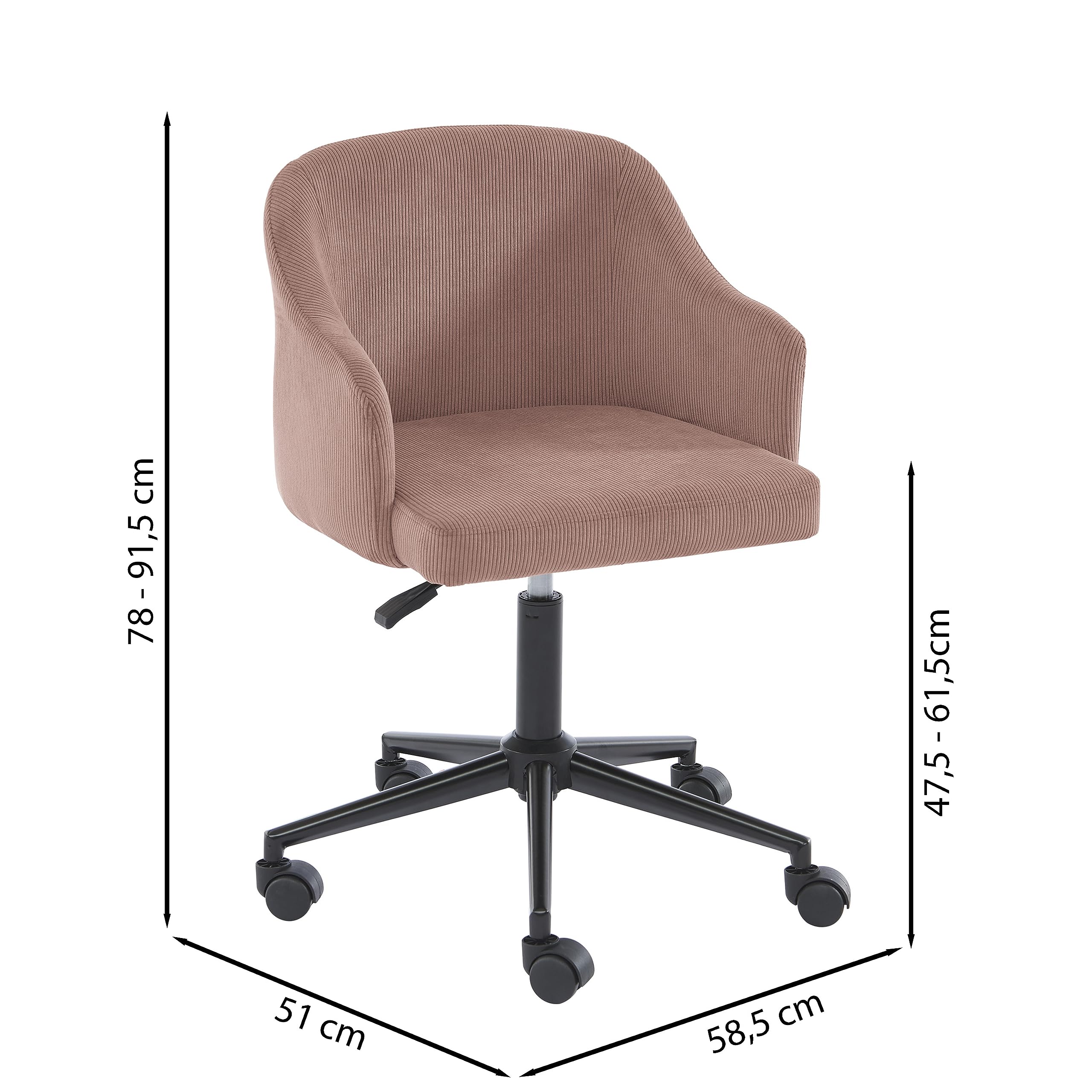 BAÏTA Fauteuil de Bureau à roulettes Barnabe avec Hauteur réglable en Velours côtelé Vieux Rose