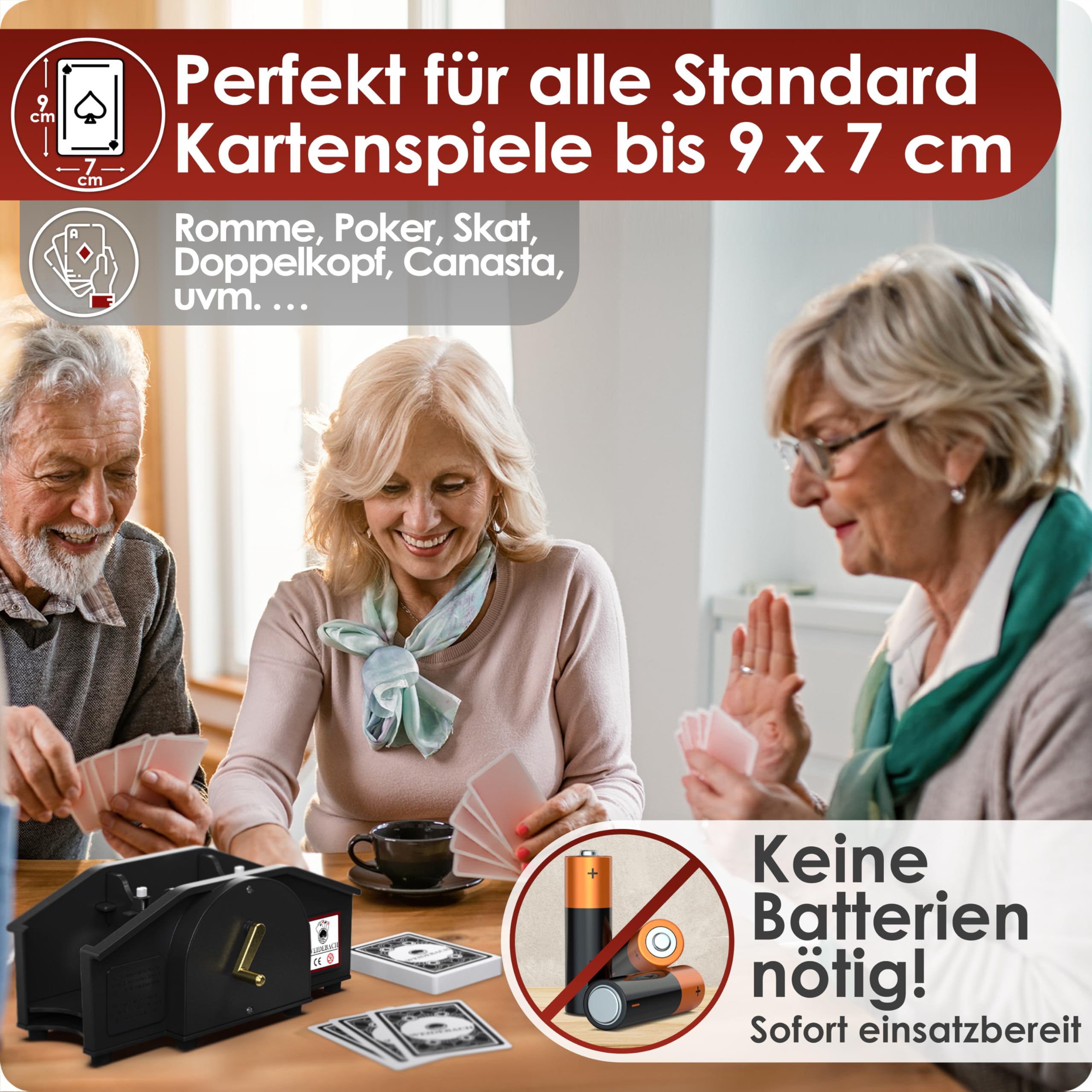 Weidebach® Schwarze Kartenmischmaschine mit Goldener Kurbel für alle Standard Kartenspiele, Kartenmischer mit 2X Kartenspielen & Ersatzkurbel, Karten Mischgerät mit Buch für lustige Spieleabende