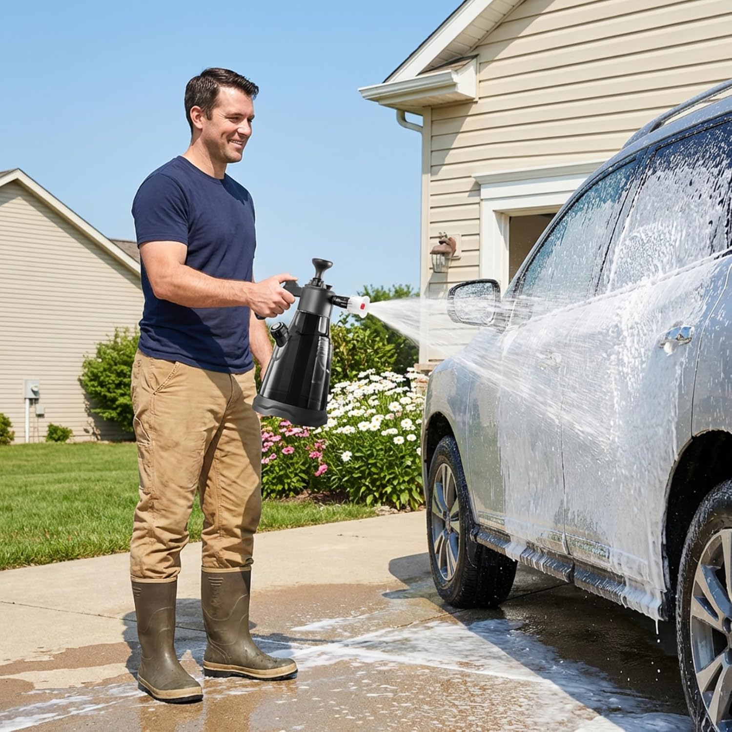 Pump Sprayer Foam Sprayer, 2.3L Thick Plastic Car Wash with 2 Nozzles Foaming Spray Bottle for Car, Garden, Home, Hotel Cleaning, Grey