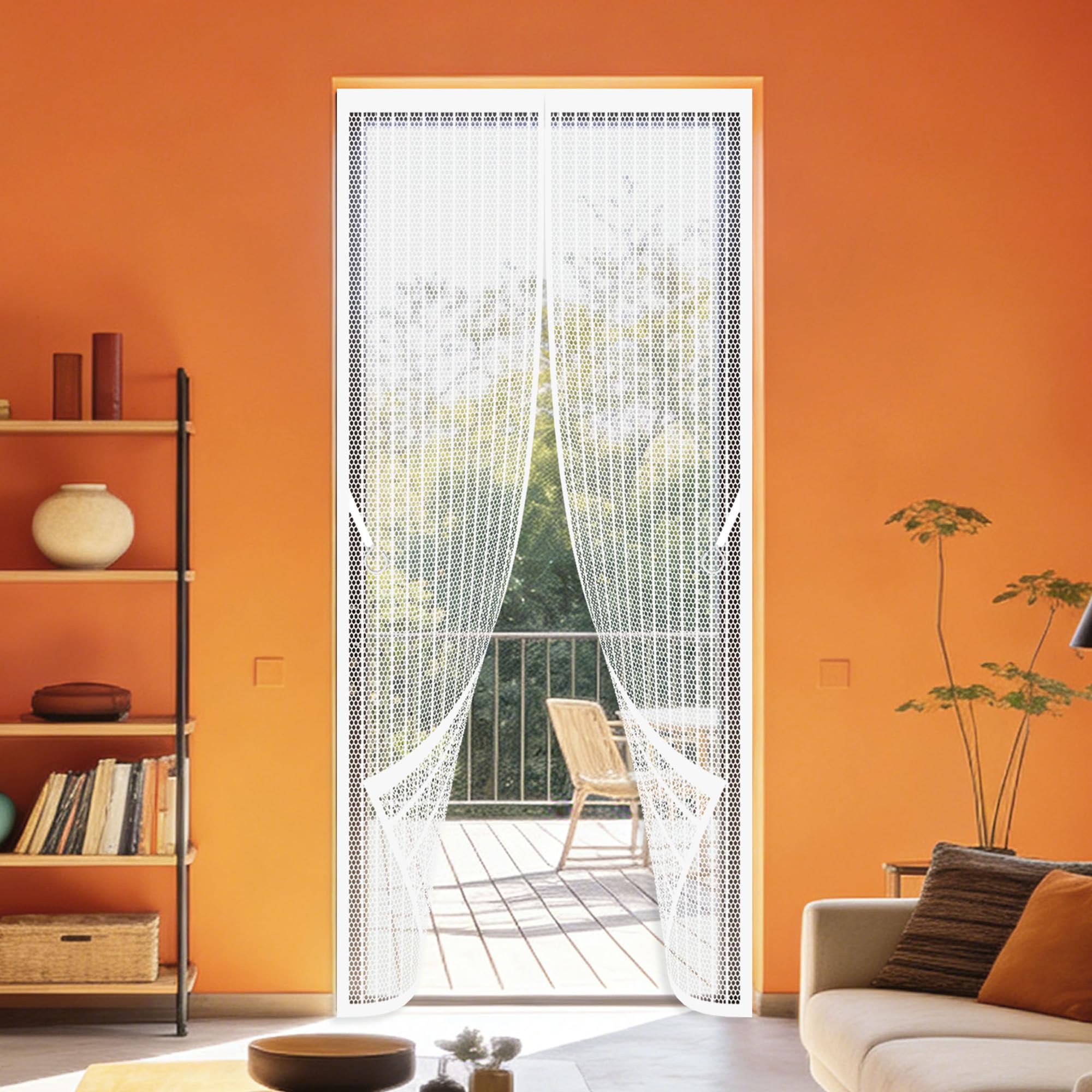 Magnetic Fly Screen Door 94 x 214 cm Self Sealing Screen Mesh Curtain with Powerful Magnets Full Frame Magic Tape for Living Room, Bedroom, Patio, White