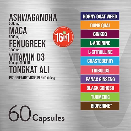 Miniatura 3 de Viteey Ashwagandha Maca Fenogreco Suplemento con Tongkat Ali - Conduce, pasión y apoyo energético para hombres y mujeres - Apoyo al estado de ánimo,