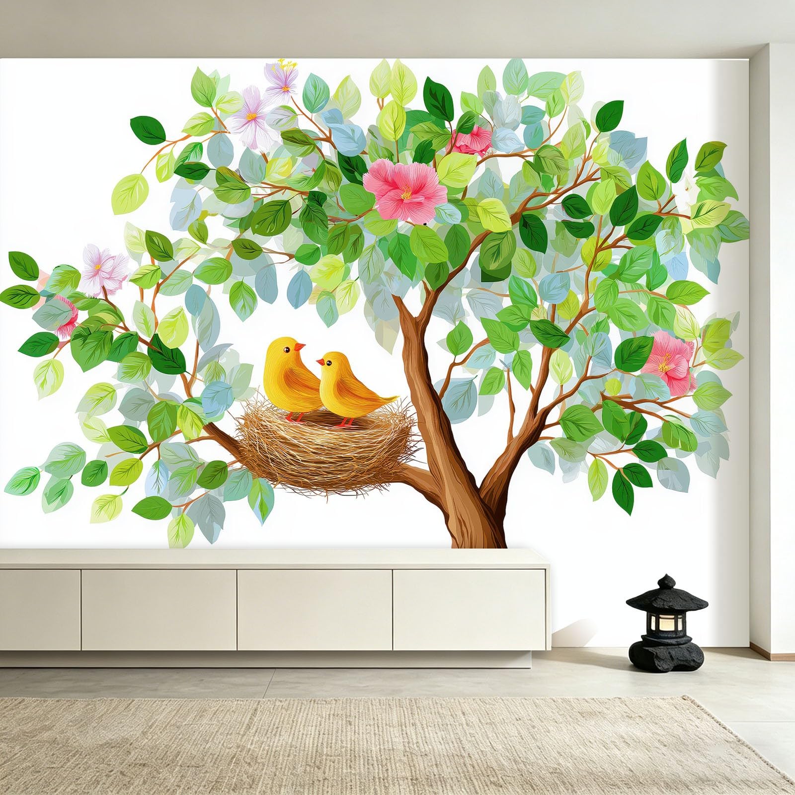 Tapeta Panoramiczna Las Kreskówka 200 x 140 cm (dł. x wys.), dekoracja ścienna do pokoju dziecięcego salon kuchnia - gobelin unikalny i nowoczesny design - Duże drzewo kwiaty ptak