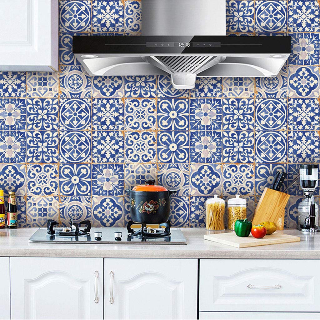 24 pz Blu e Bianco Piastrelle di Porcellana Adesivo Peel Stick Pavimento Stickers Murali Backsplash Impermeabile Fai da Te Autoadesivo Cucina Bagno Decorazione 20x20 cm