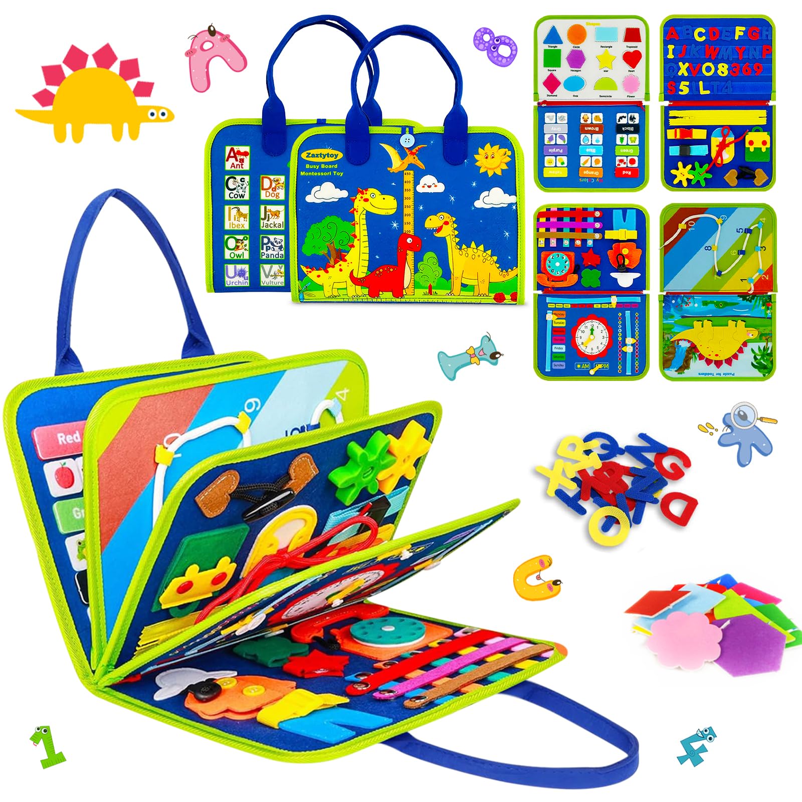 Libro Montessori Busy Board Niños 1 2 3 4 Años, Busy Board Montessori de Fieltro, Fieltro Tablero Sensorial Montessori, Busy Book con Cremalleras/Botones (Aventura de Dinosaurios)
