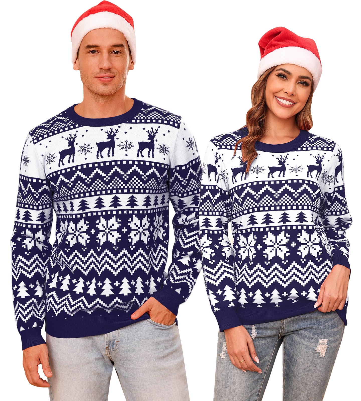 Aottori Weihnachtspullover Damen Herren Rundhals mit Rentier Schneeflocken | Christmas Sweater, Weihnachten Pullover, Weihnachtspulli Langarm, Unisex, Pärchen, Familie, Warm, Winter, Festlicher