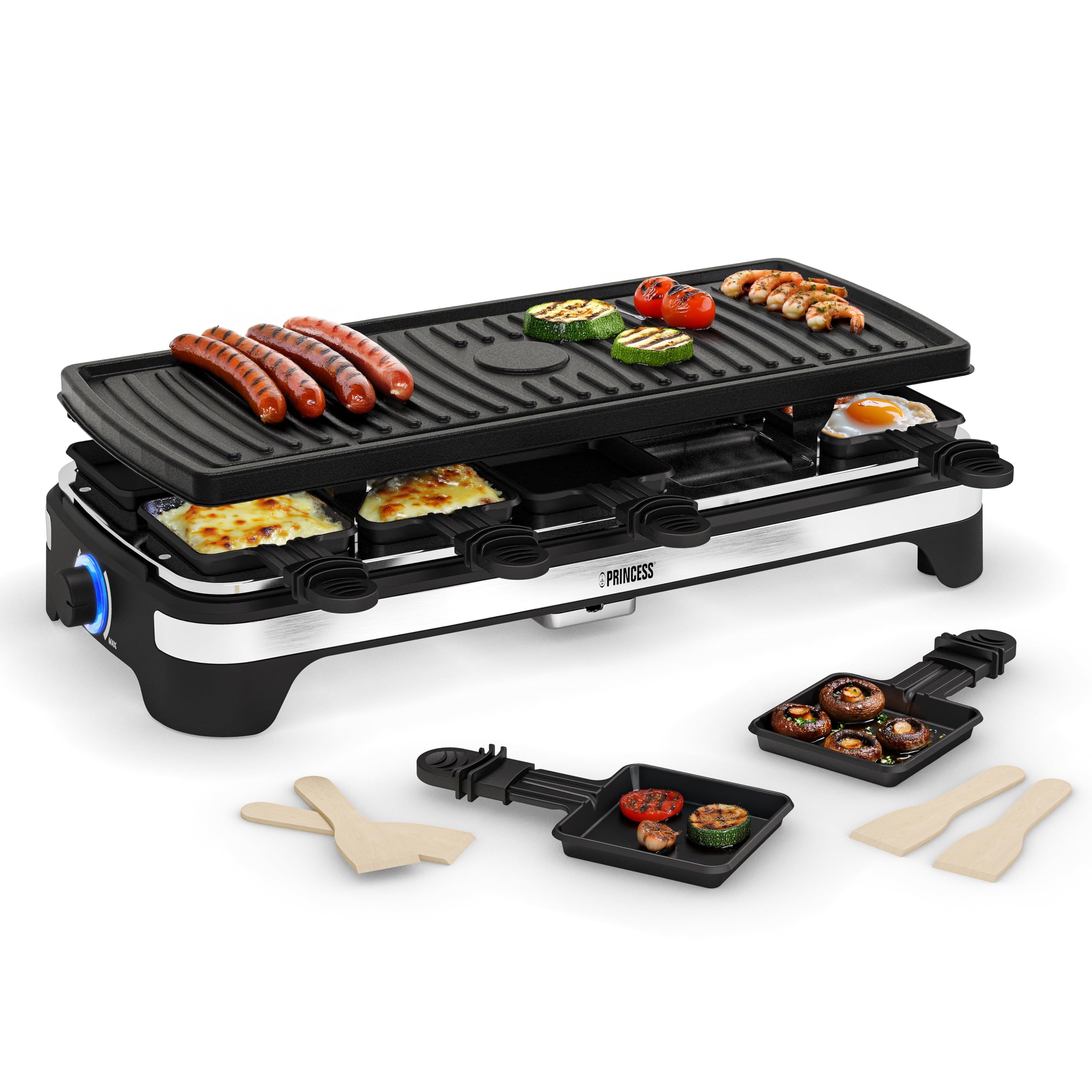 Princess Multifunktions-Raclette XXL 162650 – Grill und Raclette einstellbarer Thermostat 49 x 21 cm Grillfläche Antihaftbeschichtung 1500 Watt Für bis zu 10 Personen, Schwarz