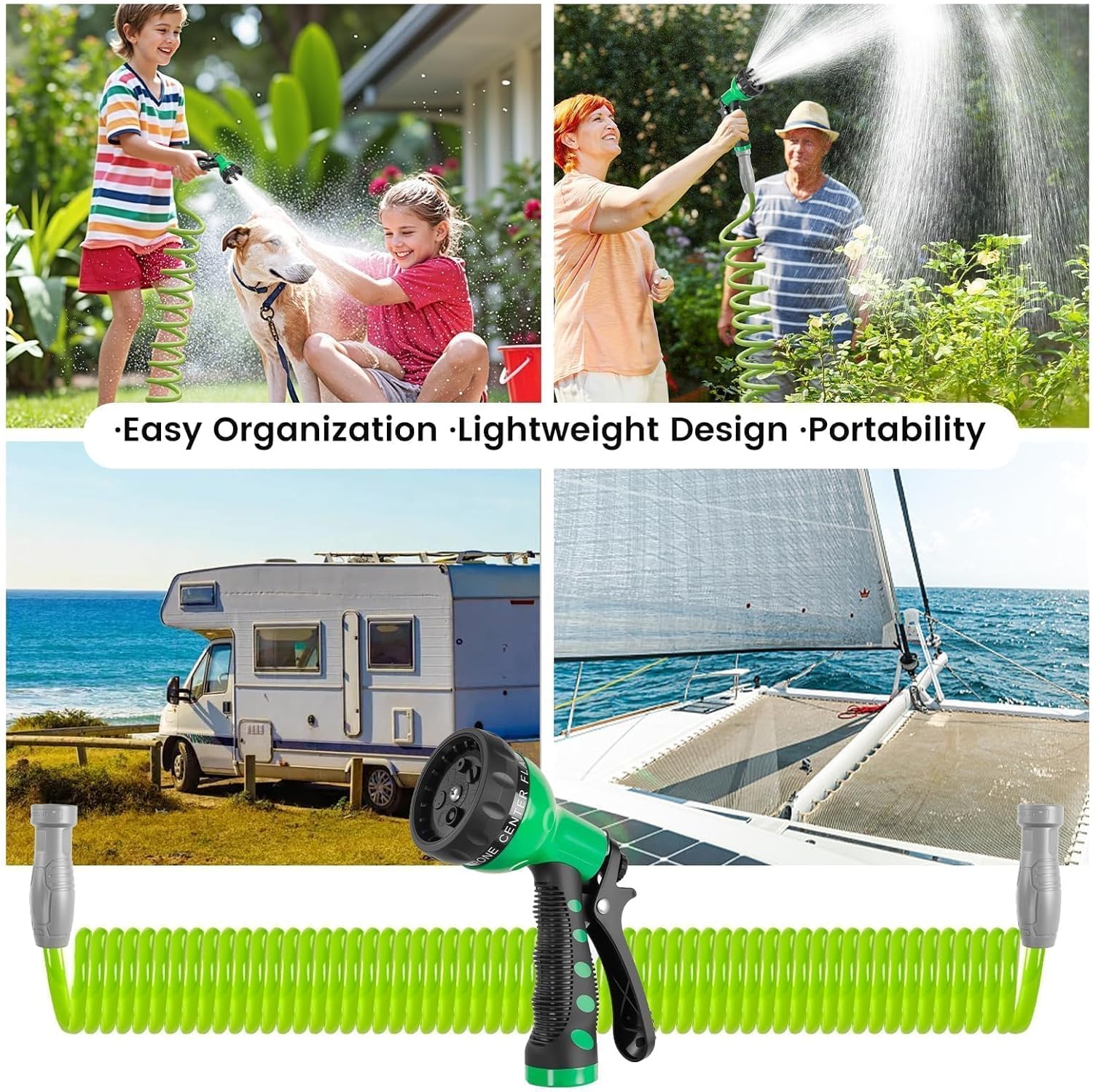 SPECILITE 1/2” Polyurethane Coil Garden Hose 50 FT, PU Flexible Recoil Water Hoses with 6-Pattern Spray Nozzle for Patio, Boat, Greenhouse and Yard