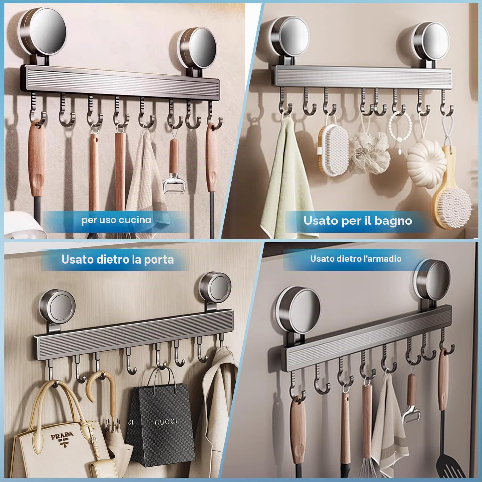Porta Utensili da Cucina con Ventosa | Lunghezza 40 cm, portata 10 kg, 8 ganci mobili | Barra da cucina per utensili da cucina, camera da letto, bagno