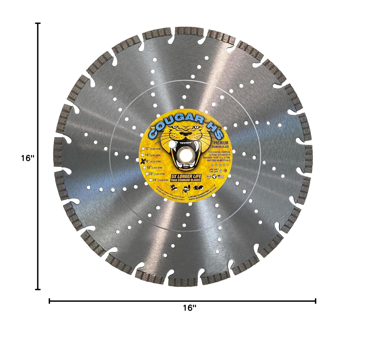Cougar HS 16 Inch Diamond Concrete Saw Blade, Premium General Purpose Segmented Blade, Dry/Wet Cutting Concrete, Masonry, Brick, & Block 1"-20mm Arbor