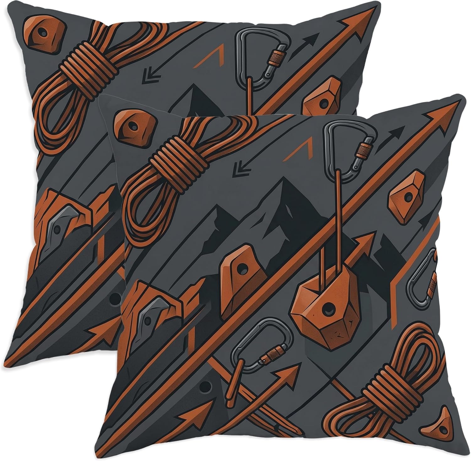 Climbing Gear Throw Pillow Covers Set of 2, Rugged Modern Mountains Ropes Adventure Gray Soft Velvet Washable Pattern Pillow Covers for Dorm Decor Living Room Bedroom Loft Car 14x14 Inch