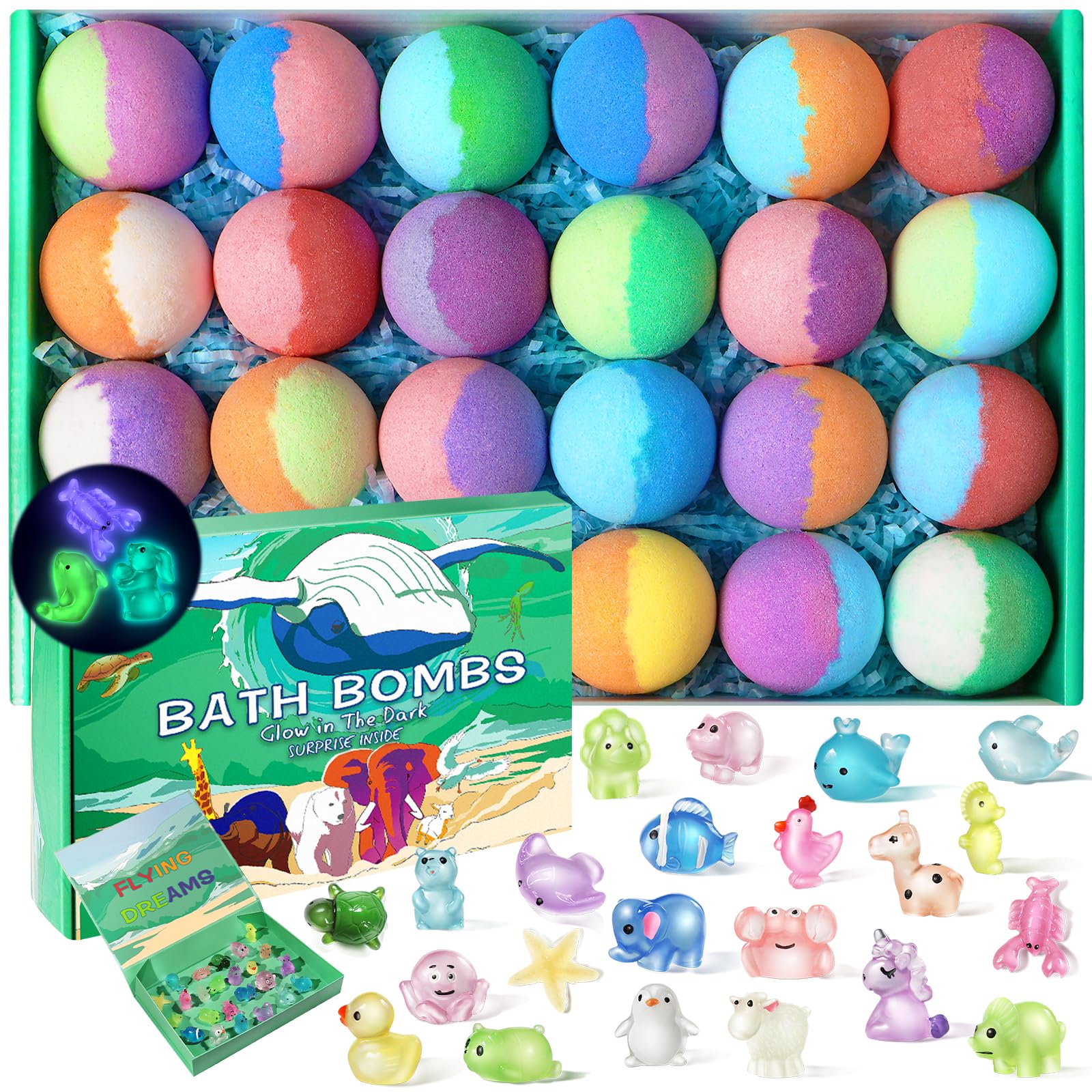 Bath Bombs for Kids with Toys Inside - 24 Pack Kid Bath Bombs with Glow in The Dark Surprise Toys Inside, Fizzy Bath Bomb Advent Calendar, Stocking Stuffers for Kids Boys Girls, Christmas Gift