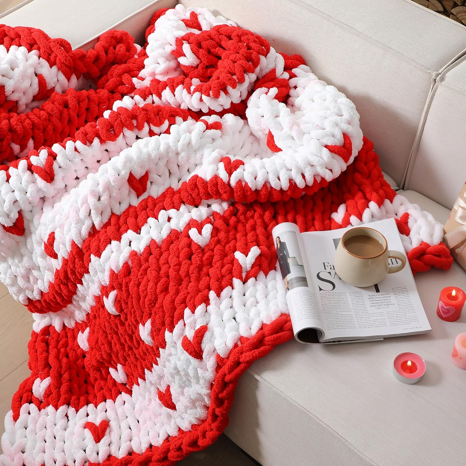 Chunky Knit Throw Blanket Large 50" X 60" Handmade Cream Chenille Loop Yarn Fluffy Soft Knitted Throw Big Cozy Thick Cable Knit Crochet Blanket for Couch Sofa Bed(Red,Heart)