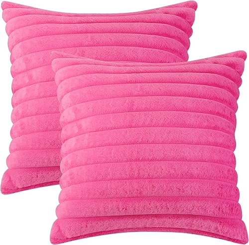 Miniatura 7 de uxcell 2 fundas de almohada de pelo sintético de doble cara suaves y esponjosas a rayas para decoración del hogar, 18 x 18 pulgadas, color azul