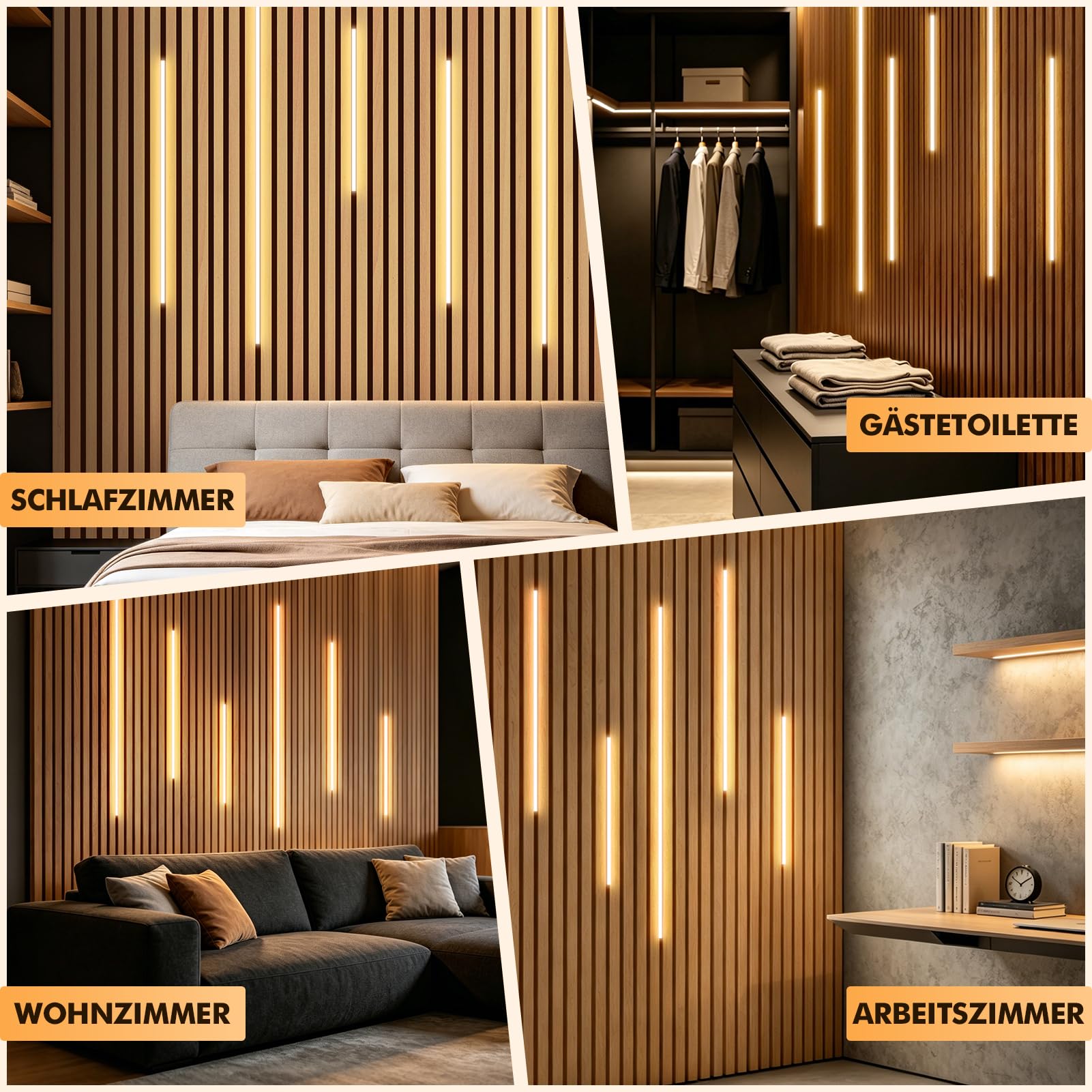 Tira de luz LED integrada para paneles acústicos, regulable, autoadhesiva, luz blanca cálida, 6 unidades con interruptor táctil, tira autoadhesiva, para paneles de pared, iluminación (40 x 2