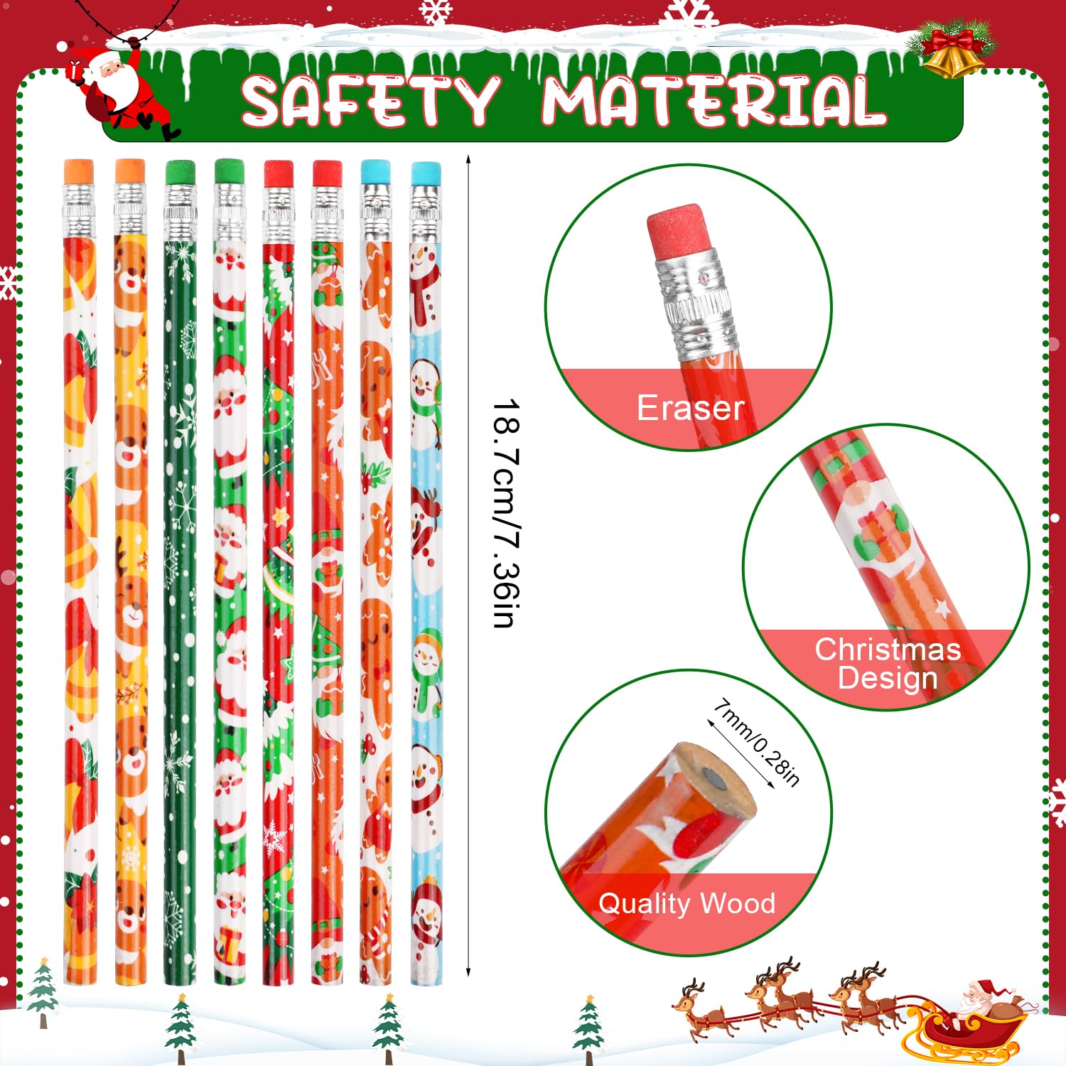 VEYLIN Christmas Pencils, 48 Pack of Xmas Pencils with Erasers Kids Children Holiday Gifts Christmas Classroom Prizes - Image 3