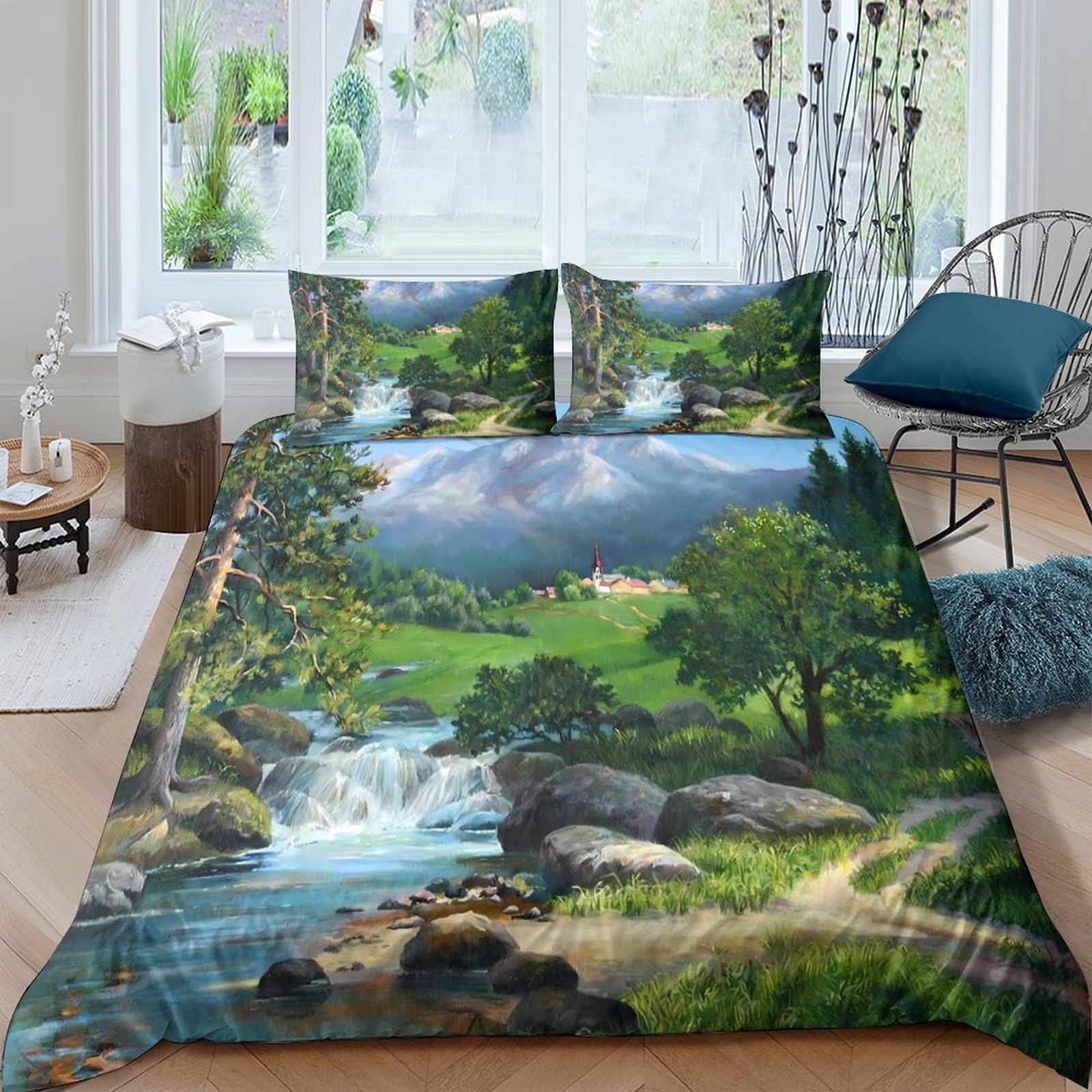 Ctjqhvkz Style-1 3D Printed Mountain Forest Fitted Sheet Microfiber Soft Scenic River Mattress Cover For Bedroom Guest Room Decor Single（135X200cm）