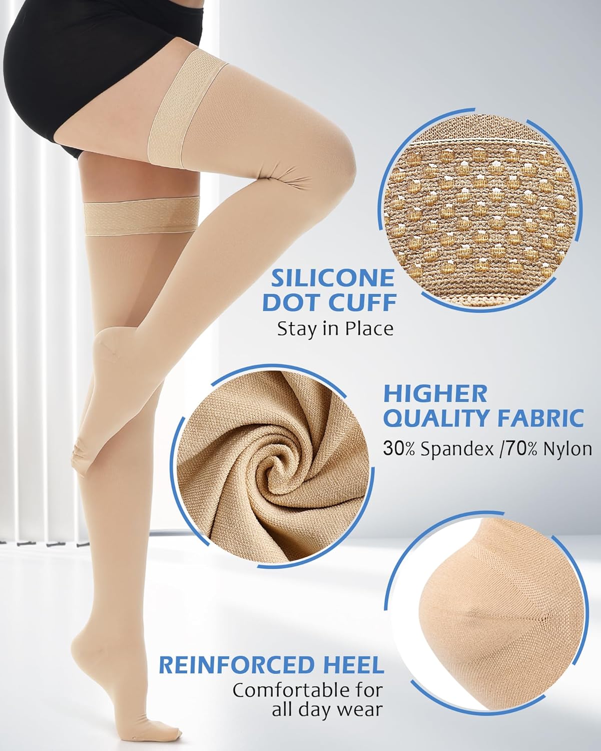 Ailaka Medical Compression Stockings for Women & Men, 20-30 mmHg Thigh High Compression Socks with Closed Toe, Graduated Support Hose for Varicose Veins, Edema, Circulation, Post-Surgery Recovery - Image 3