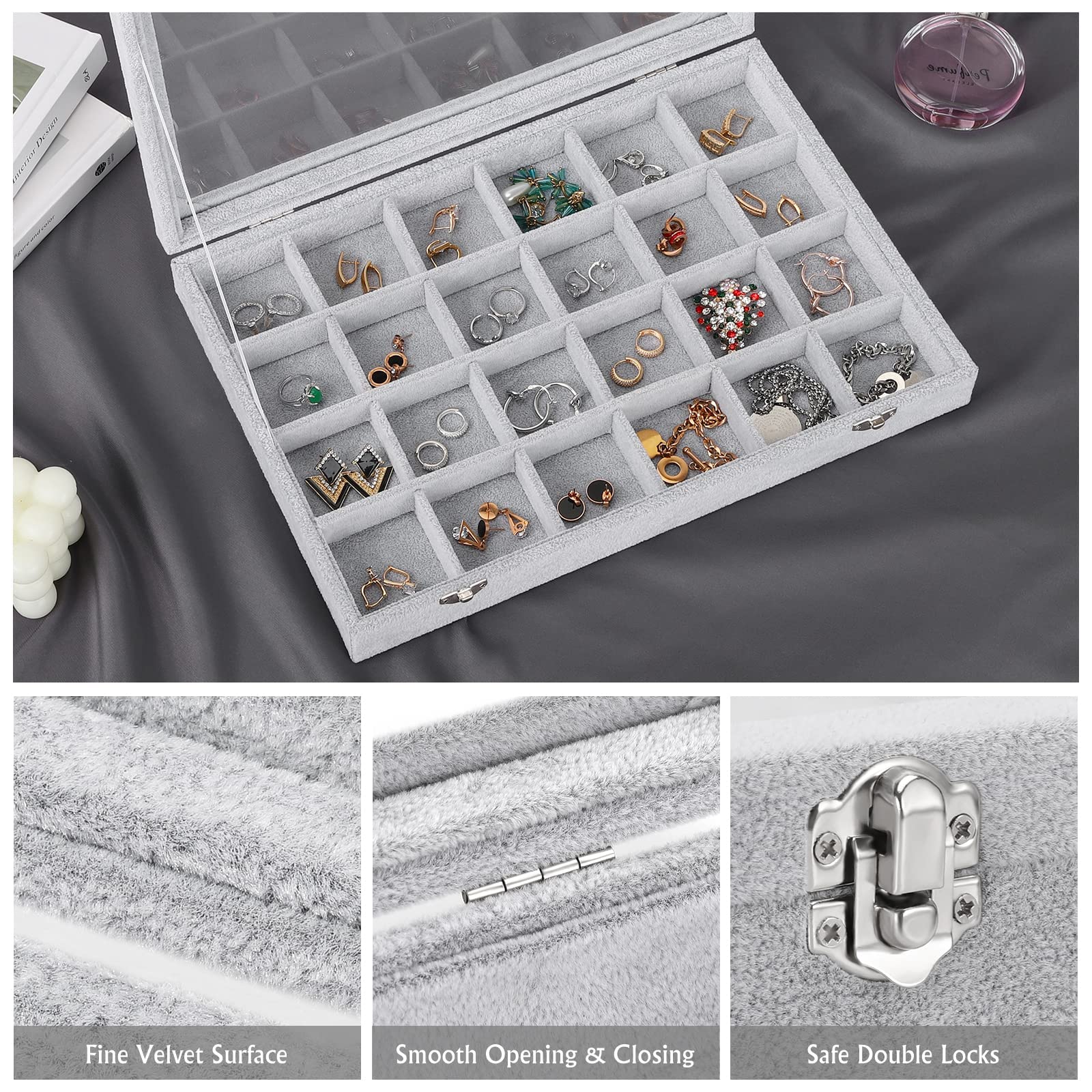 Emibele Velvet Jewelry Tray Organizer Box, 24 Grids with Clear Lid | Rings Earrings Bracelets Necklace Organizer Tray Showcase Display Jewelry Storage Case with Detachable Inner Dividers, Grey