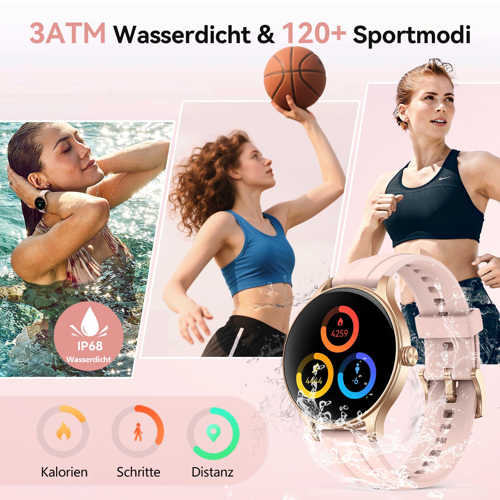 Smartwatch Damen Rund, 1.57" Smart Watch mit Telefonfunktion/Whatsapp, Fitness Tracker mit Herzfrequenz/Schlafmonitor, Fitnessuhr Damen 120+ Sportmodi 3ATM Wasserdicht, Uhr für Samsung/Android/iOS