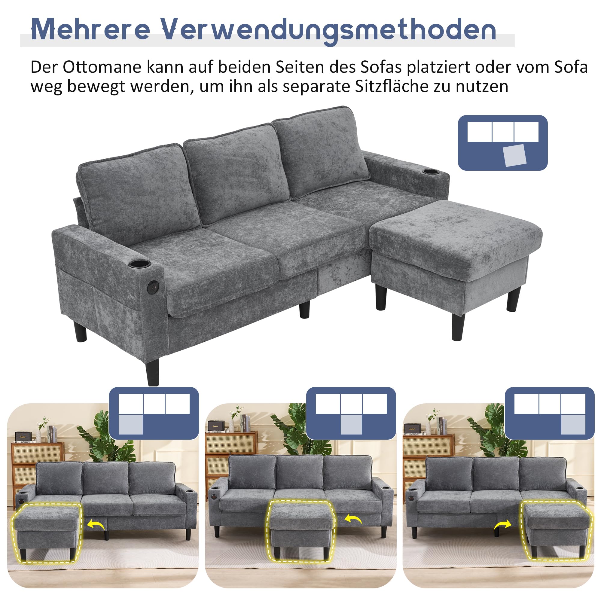 Merax Ecksofa 3-Sitzer Sofa mit Polsterhocker, Gepolstertes Sofa mit USB & Typ-C, 2 Getränkehaltern, L-förmiges Schlafsofa, Polstermöbel für Wohnzimmer, Wohnung, Lounge und Schlafzimmer, Grau