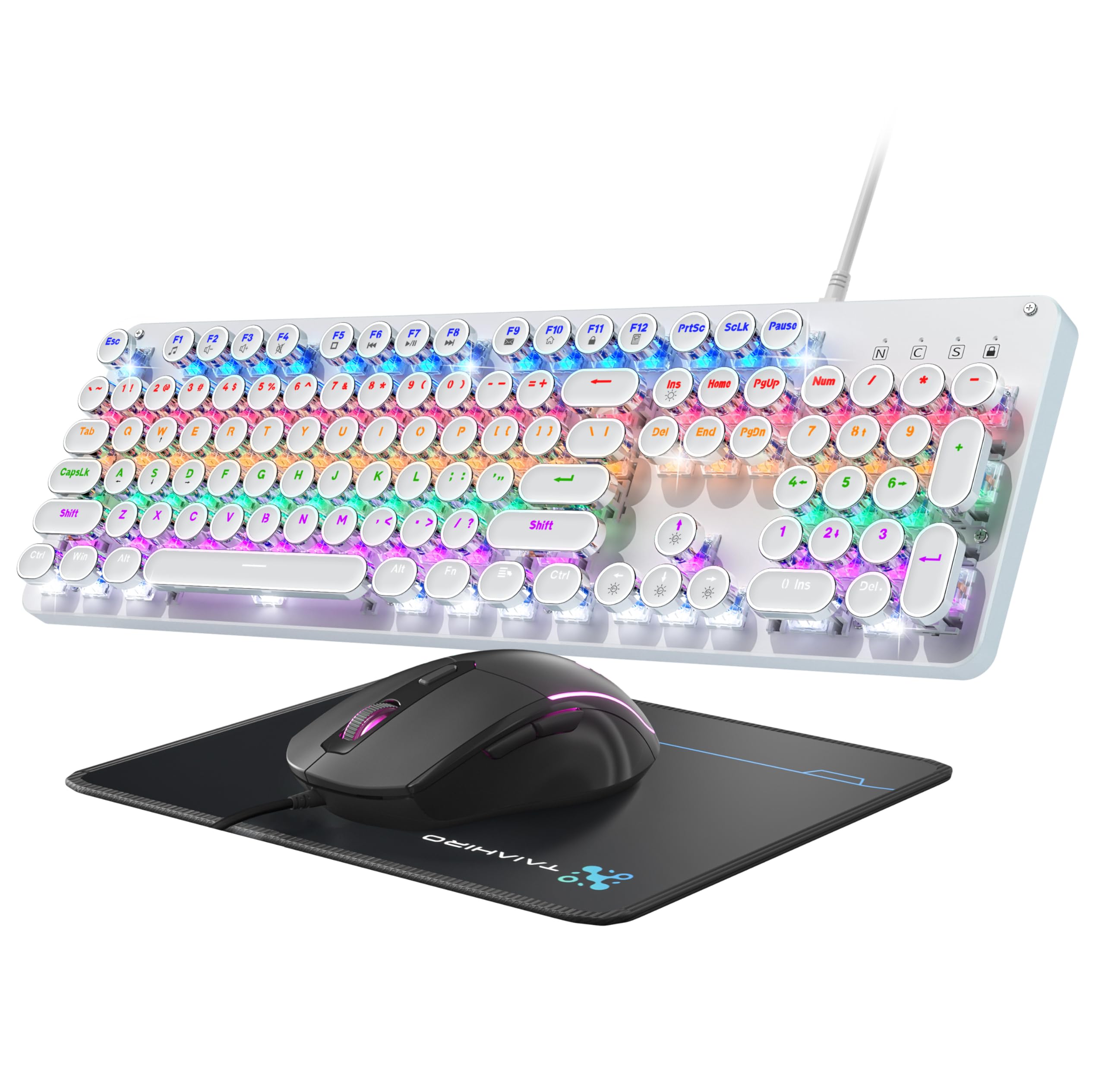 Typewriter Mechanical Gaming Keyboard and Mouse, Metal Panel Retro Keyboards with Round Keycap Blue Switch, Rainbow LED Backlit 104-Key Anti-Ghost