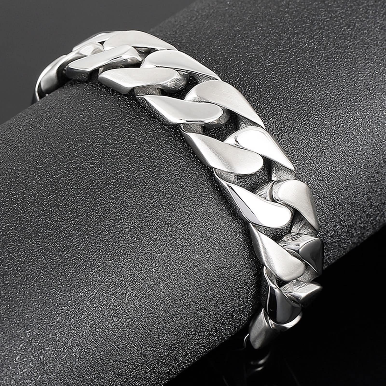 Gioielli gourmette da uomo, regali giovani, catena cubana, argento liscio/spazzolato, acciaio inossidabile, 220 x 17 mm