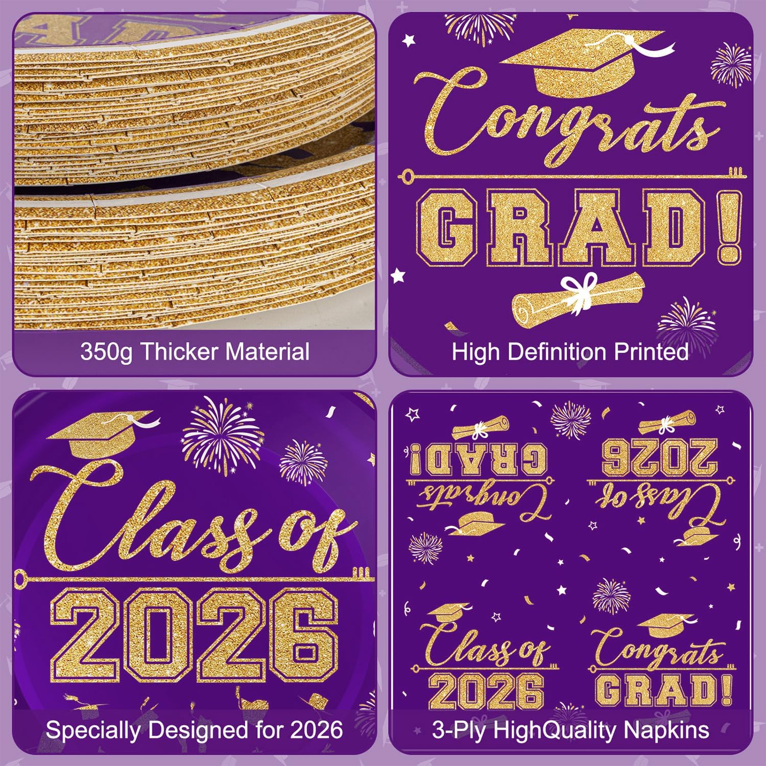 Graduation Plates and Napkins 2026 Graduation Party Supplies, Class of 2026 Congrats Grad Disposable Paper Plates Cocktail Napkins Set for Purple Gold 2026 Graduations Party Decorations Sets, Serve 50