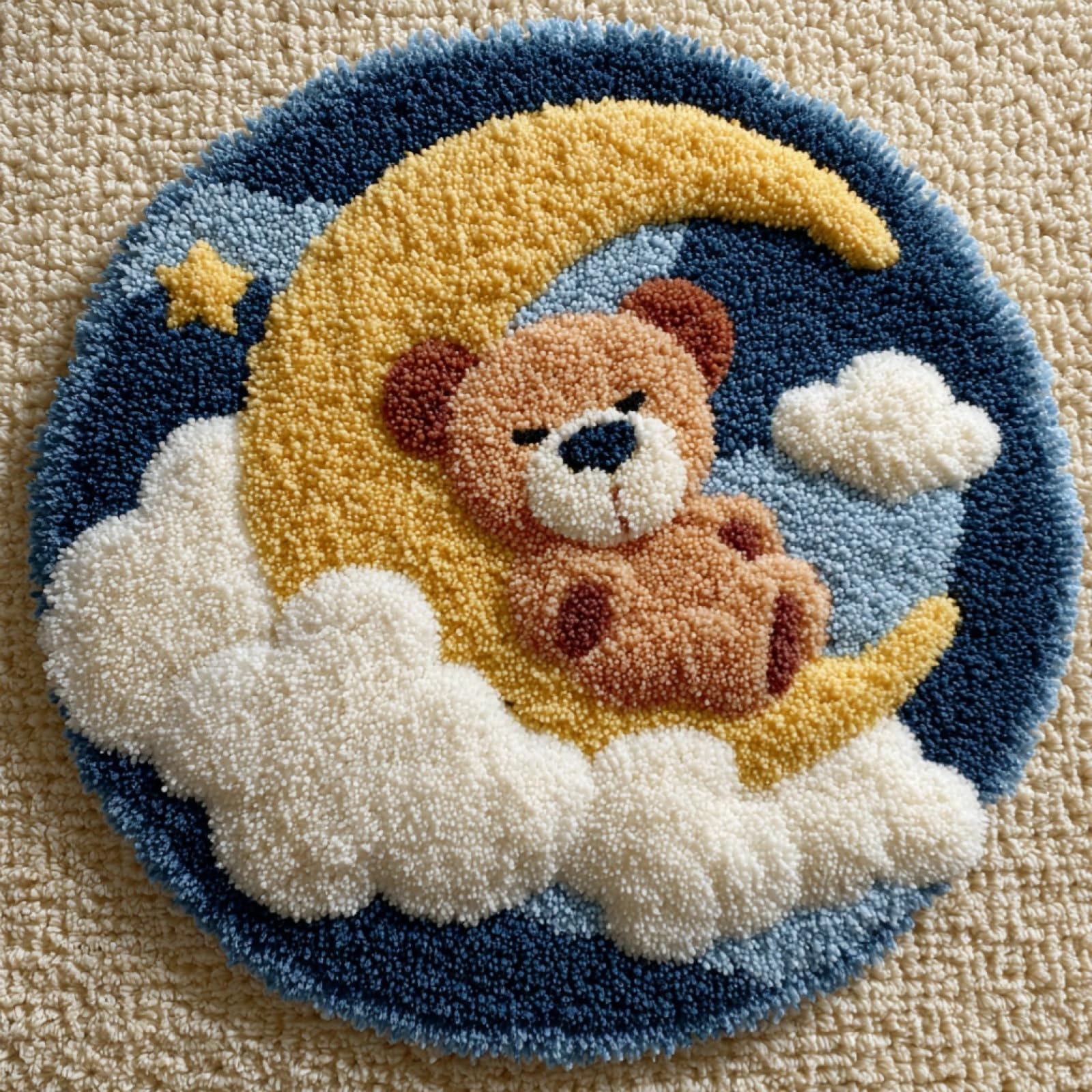 WallustrioaW DIY Latch Hook Rug Kits,Bear on the Moon,Pre-Printed Canvas DIY Rug Making Kit,Cross Stitch Carpet Crochet Crafts - Home Decor Project,50x50cm
