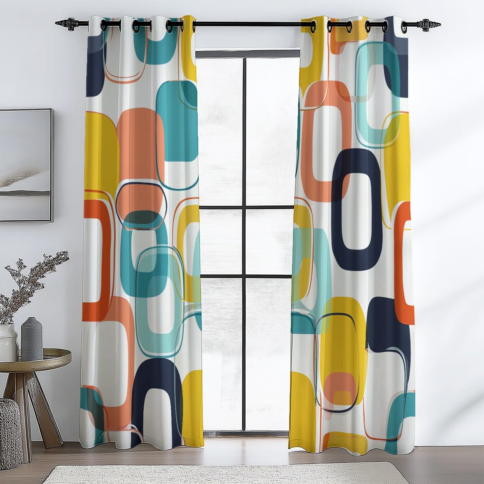 Rideaux Occultants Isolants Anti-Froid 91.5L X 160H cm (2 Panneaux), Design Géométrie Rétro Élégante, Tenture à Œillets Opaque pour Salon et Chambre, Coloré