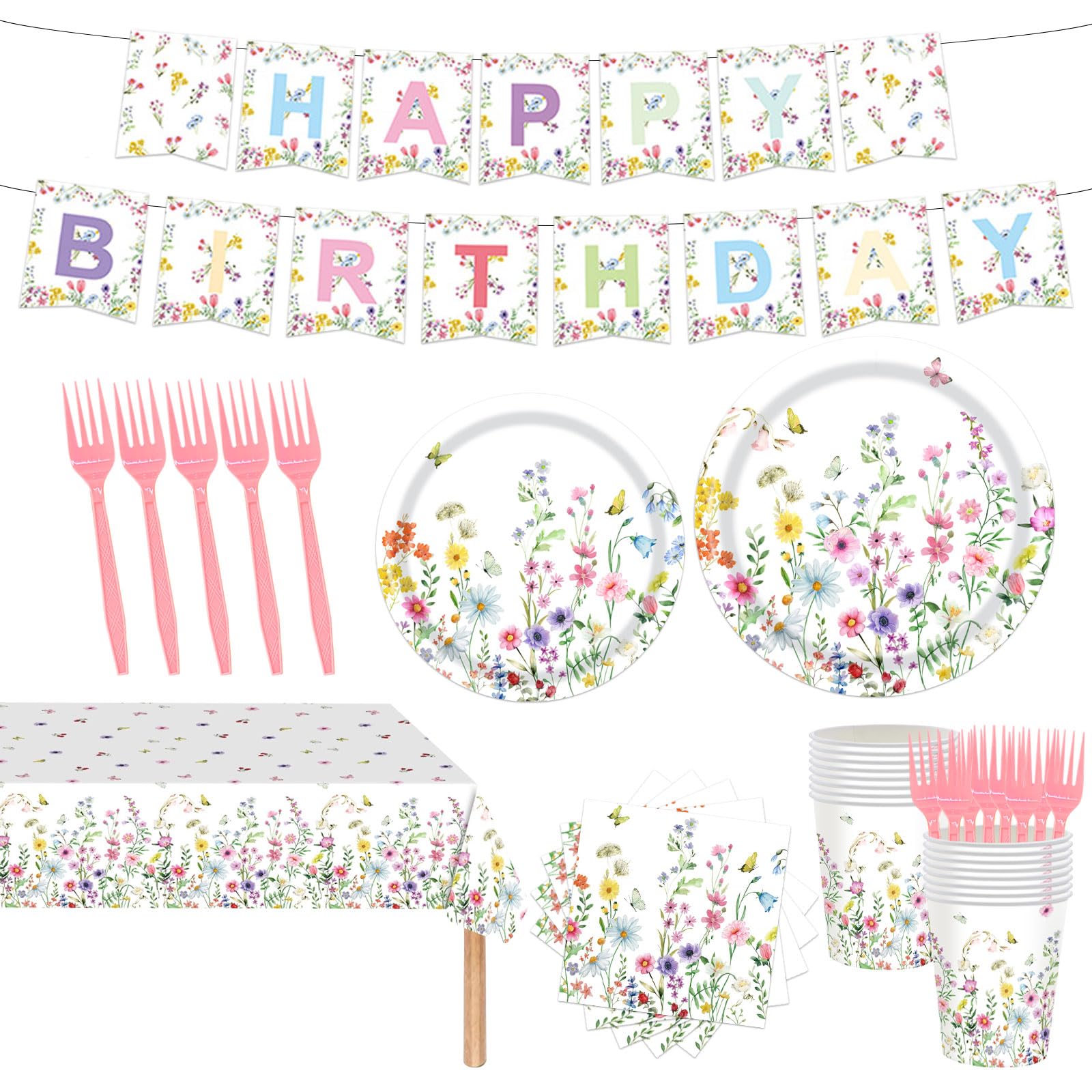 Poqirzan 82PCS Spring Floral Party Supplies: Pink & White Floral Dinnerware Set with 16pcs Plates, Napkins, Cups & Forks, 'HAPPY BIRTHDAY' Banner,