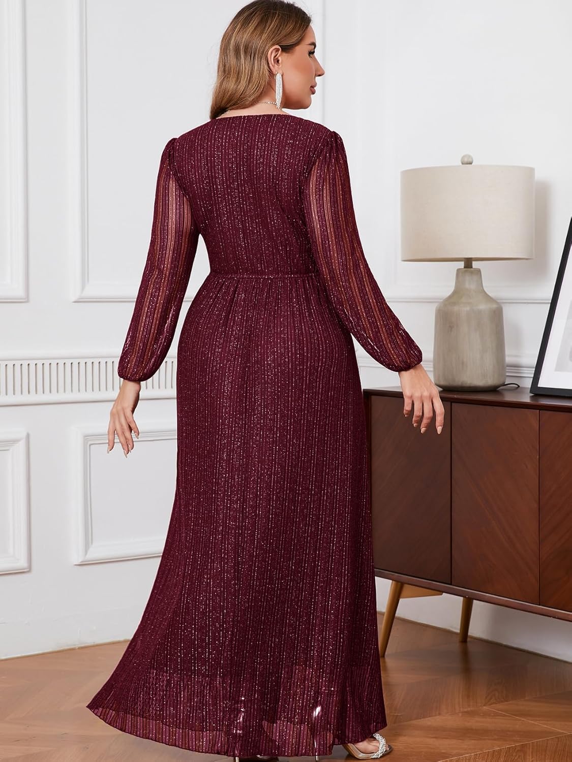 CYCLAMEN Plus Size Sparkly Formal Dress Lace Maxi V Neck Cocktail Evening Gown Wedding Guest - Image 4