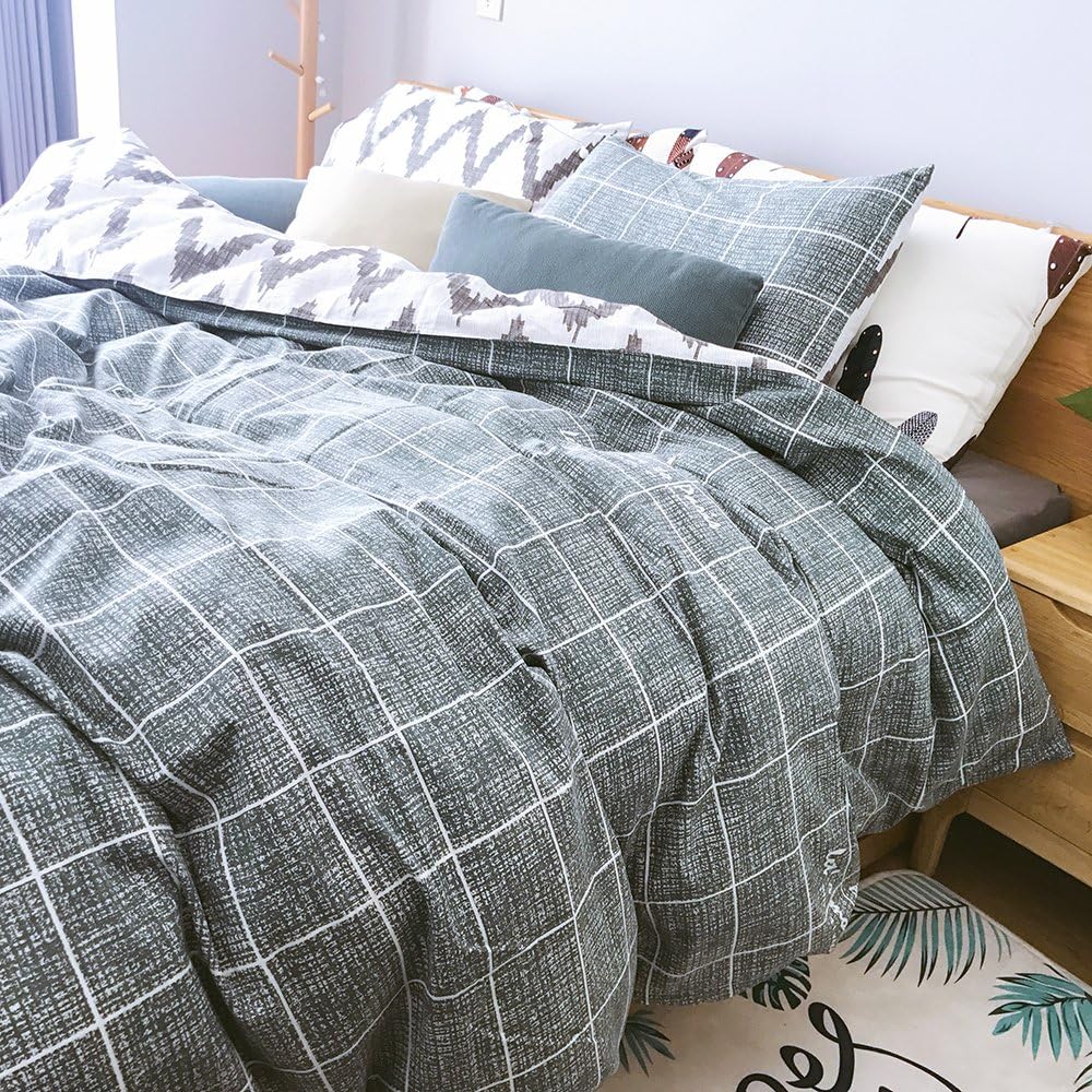 Uozzi Bedding Ultra Soft 100% Washed Cotton 3 Piece Kid Duvet Cover Set with Zipper Closure, Hotel Quality, (Green Plaid, Queen(1 duvet cover+2 pillow shams))