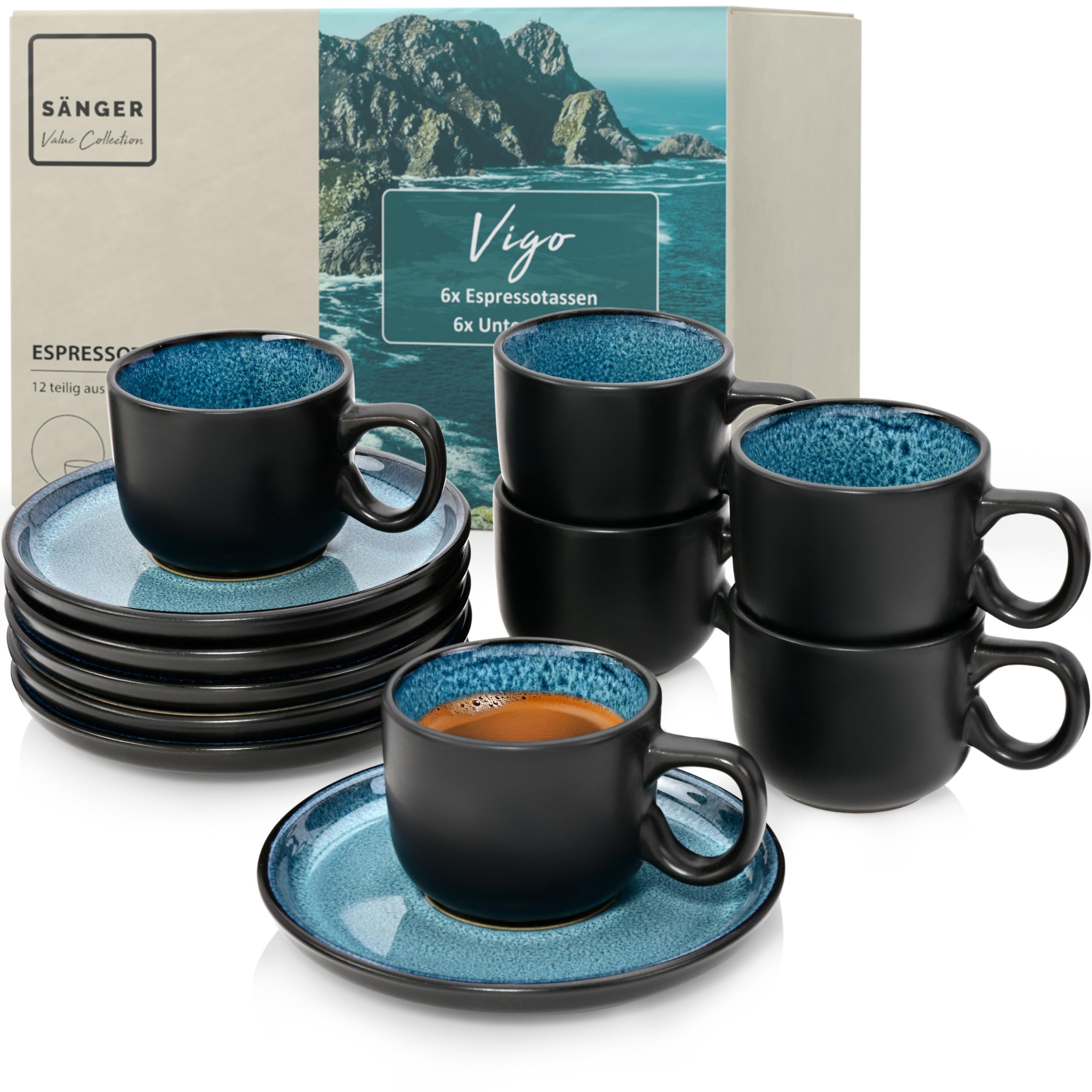 SÄNGER Vigo | Espressotassen Set Steingut 12 teilig, Mokka Tassen Set 6 Personen, Tassen & Untertassen - spülmaschinenfest mikrowellenfest - Tassenset blau mit schwarzen Rand 80 ml | VALUE COLLECTION
